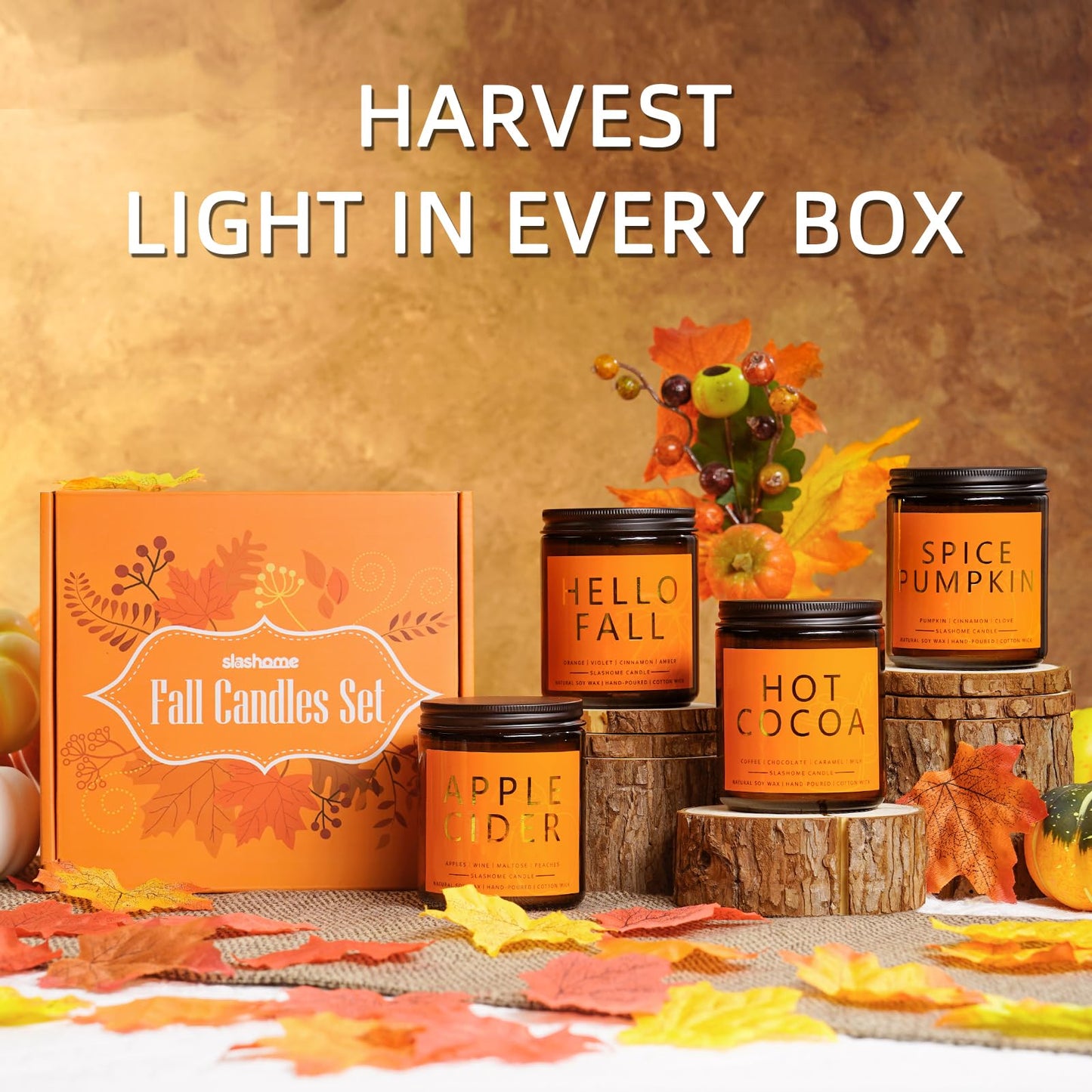 Fall Candles Set | 4 Pack Candles for Home Scented Natural Soy Wax, Autumn Gifts Set for Women Men, Fall Fragrance of Hellofall, Spice Pumpkin, Apple Cider, Hot Cocoa