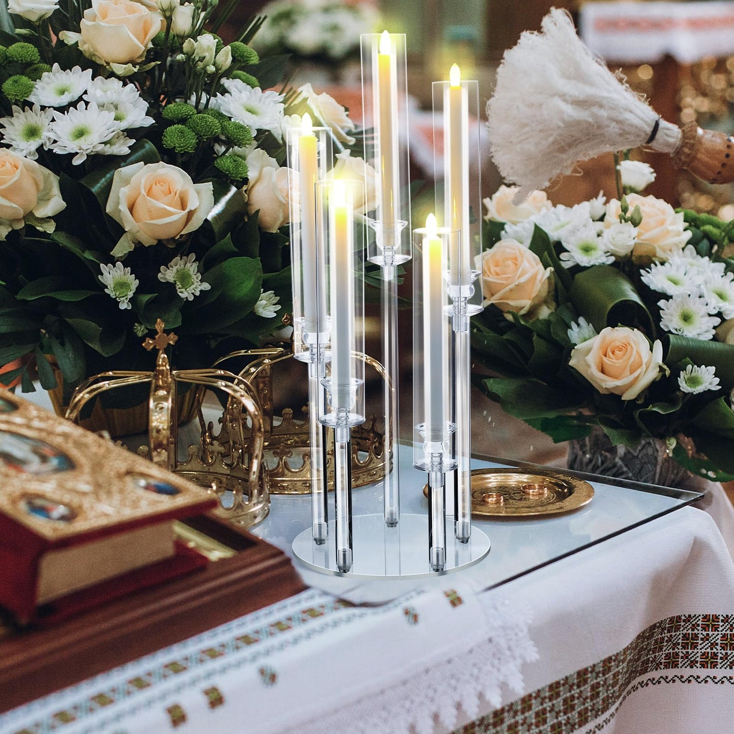 Dandat 2 Pack 5 Arms Acrylic Candelabra Candle Holder Clear Candelabra Centerpieces for Wedding, Crystal Candlesticks Pillar Taper Candlesticks for Living Room Dinner Table Decoration Fit LED Candle