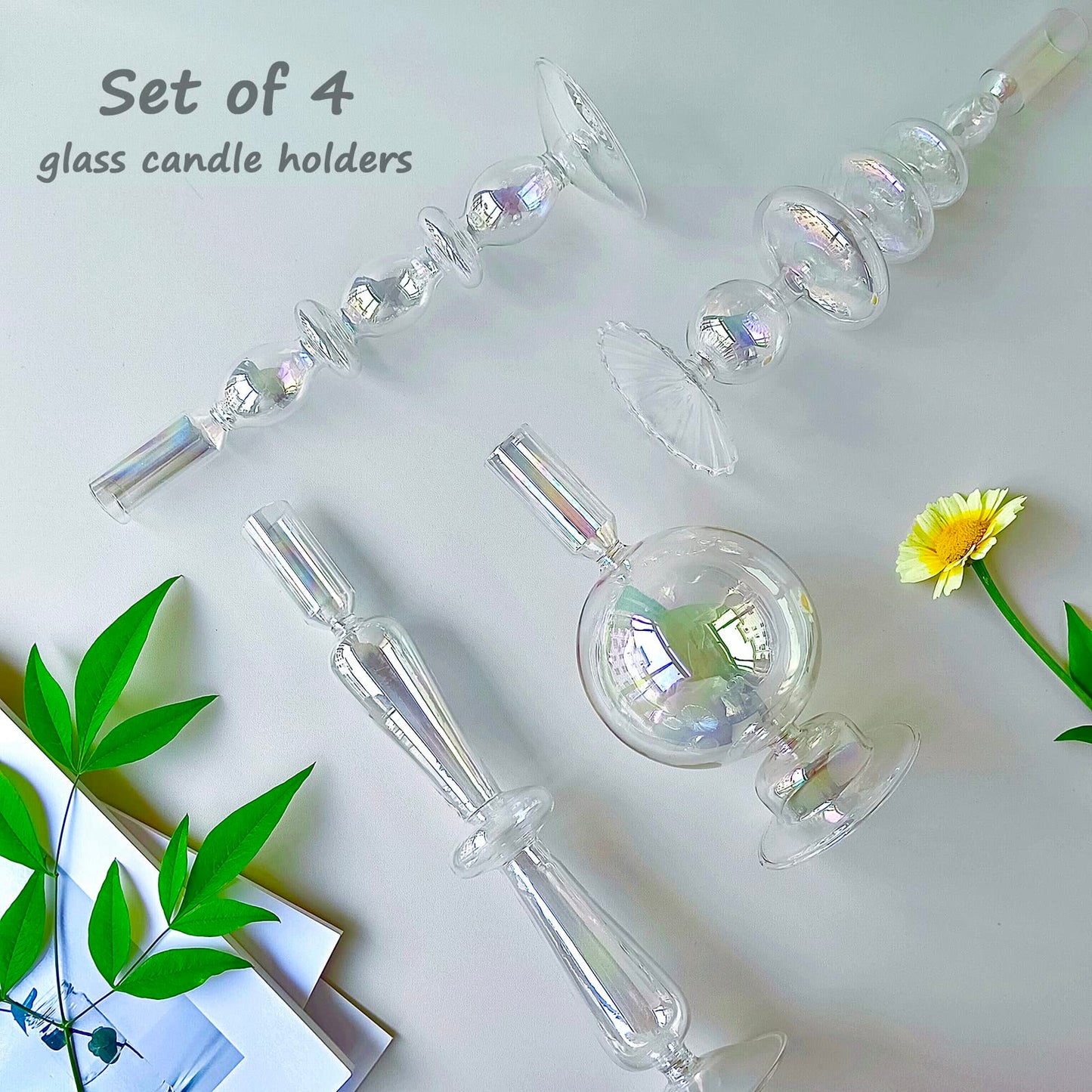Amanman Candle Stick Candle Holder, Glass Candle Holders for Table Centerpiece, Modern Style Iridescent Candle Holder Mixed 4pcs
