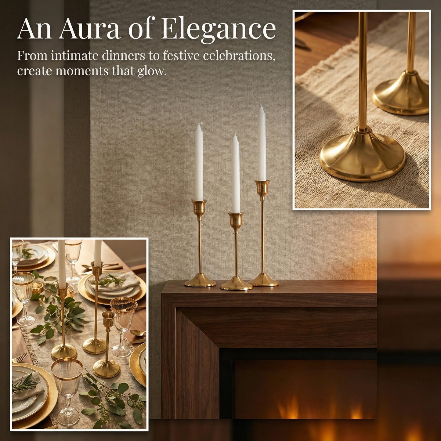 Set of 3 Brass Tapered Candle Holder,Candlestick Tall Metal Candlestick Holders for Table Centerpiece Home Decor for Wedding Fireplace Mantel Housewarming Gift Fits 3/4 Inch Thick Candles