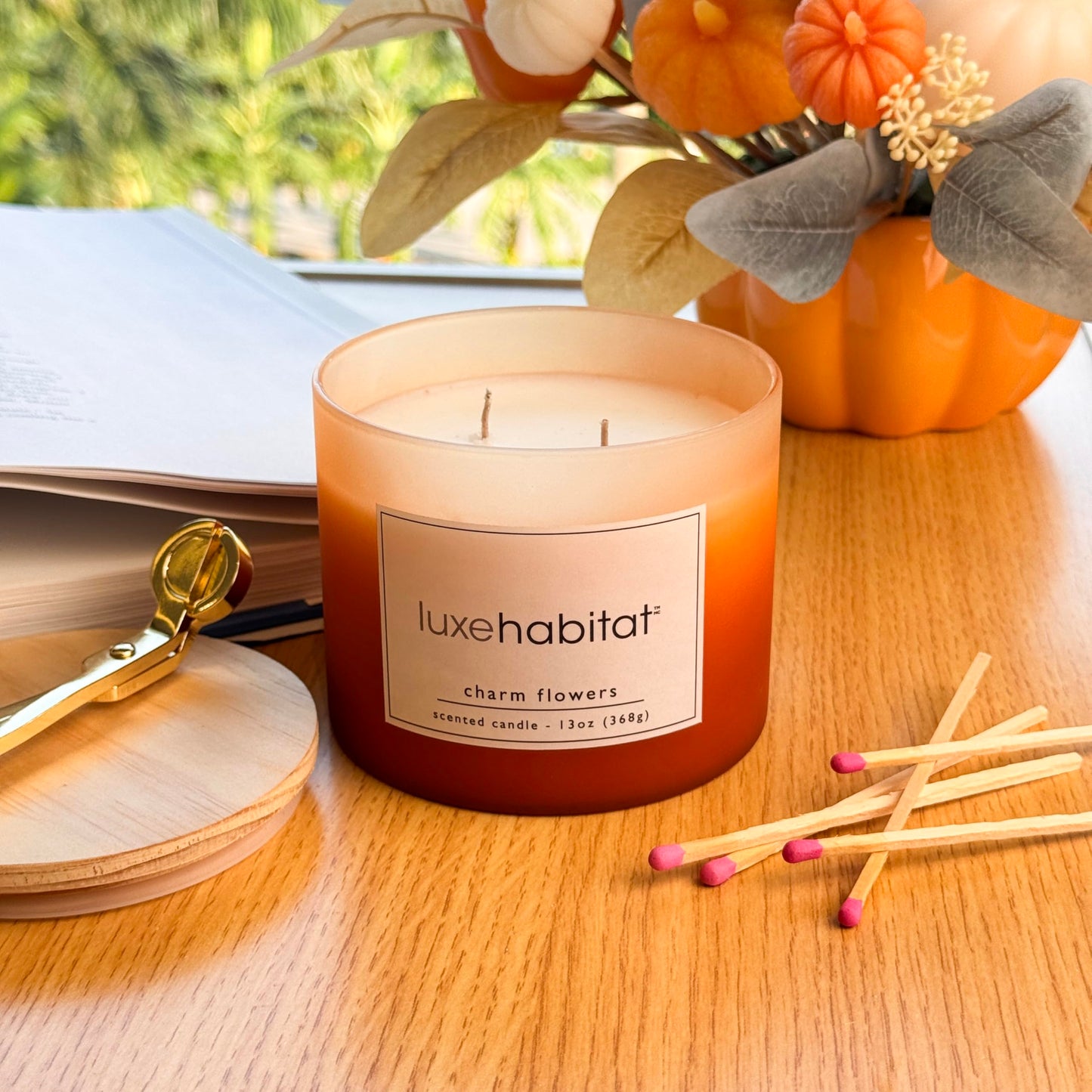Mosswood Calm Scented Candle 13oz – CW Studio Orange Glass Jar with Wooden Lid & Dual Wicks, 37 Hour Smokeless Burn – Aromatherapy-Ready Décor for Home Yoga & Meditation Spaces – Orange Wax
