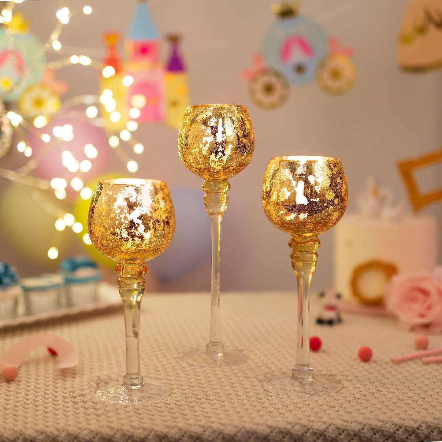Inweder Glass Tealight Candle Holder: Gold Mercury Votive Holders 9/10/12 Inch Tall Long Setm Floating Candle Holders for Christmas Dining Table Centerpiece Wedding Party Set of 3