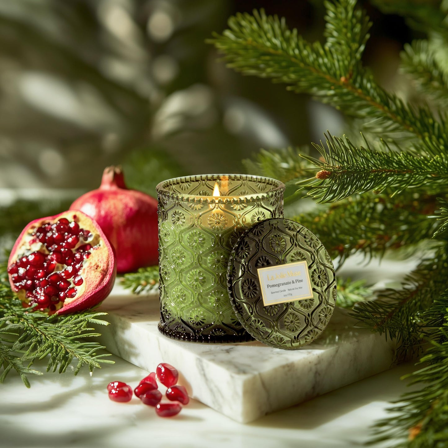 LA JOLIE MUSE Pine & Pomegranate Candle | Lemon, Pomegranate & Pine | 6 oz Natural Soy Wax | 40 Hours Clean Burn | Gift-Ready for Hosts, Gatherings | Elegant Home Décor