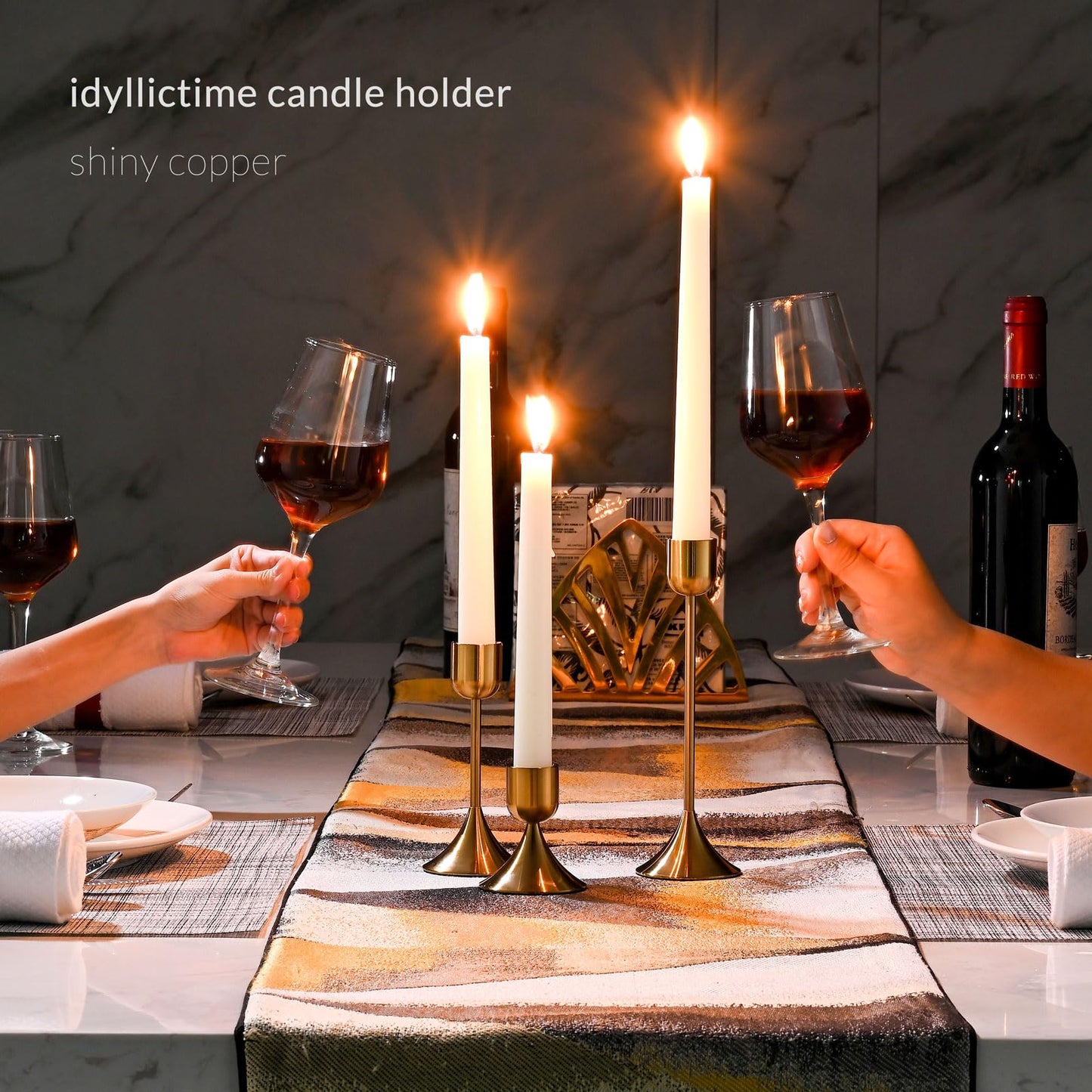 idyllictime Candle Holder Metal Heavy Base for Room Décor Christmas Decorations Party Wedding Halloween Shiny Copper, 1 Set (3 Pcs)