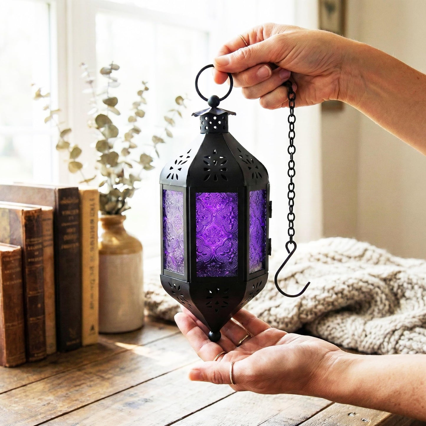 Vela Lanterns Gothic Candle Holder, Hanging Lantern Indoor Lamp, Witchy Whimsigoth Home Decor, Decorative Moroccan Purple Glass Halloween & Vampire Decorations, Metal with 12" Chain, Purple Glass