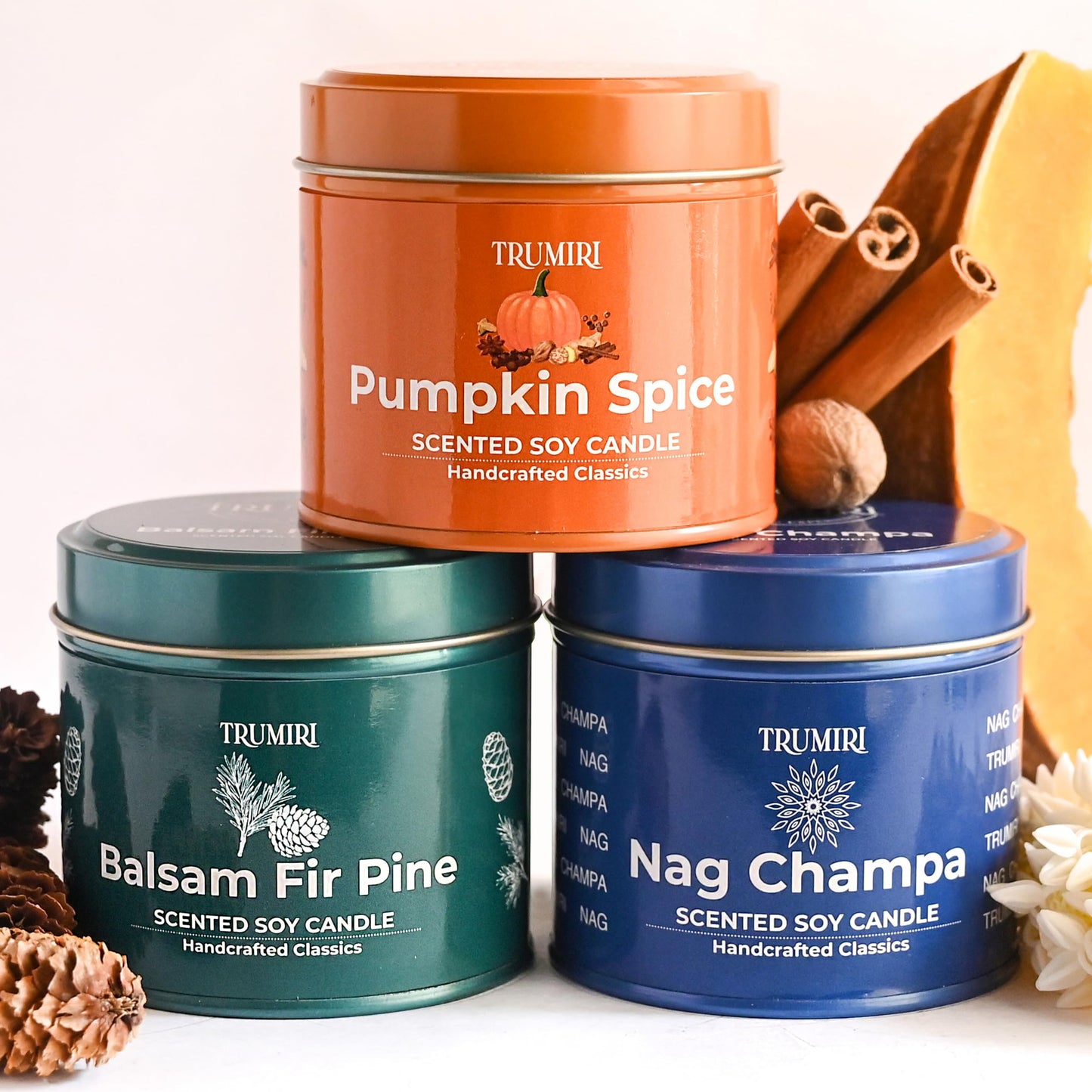 Balsam Fir Pine, Pumpkin Spice, Nag Champa - Soy Candles Non Toxic - Highly Scented Long Lasting with Essential Oils - Variety Pack of 3 x 5oz - for Home Aromatherapy Meditation Gift Travel