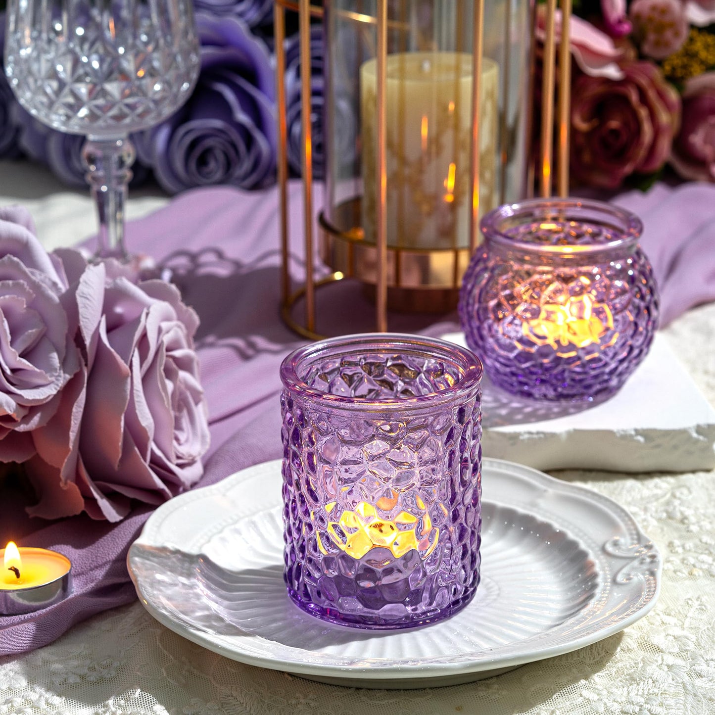 24-Piece Purple Glass Votive Candle Holders Set – Tealight Candle Holder Glass Bulk with 12 Round & 12 Hammered Textured Cups, Purple Votive Candle Holders for Weddings, Parties, Home