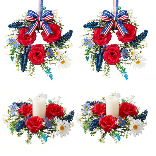 Mini 4th of July Wreath 4Pcs, 11.8 Inch Small Patriotic Wreath with Ribbon, Artificial Rose Lavender Daisy Wreath, Hanging/Tabletop/Candle Ring Decor for Home Front Door, Porch, Wall, Window, Cabinets