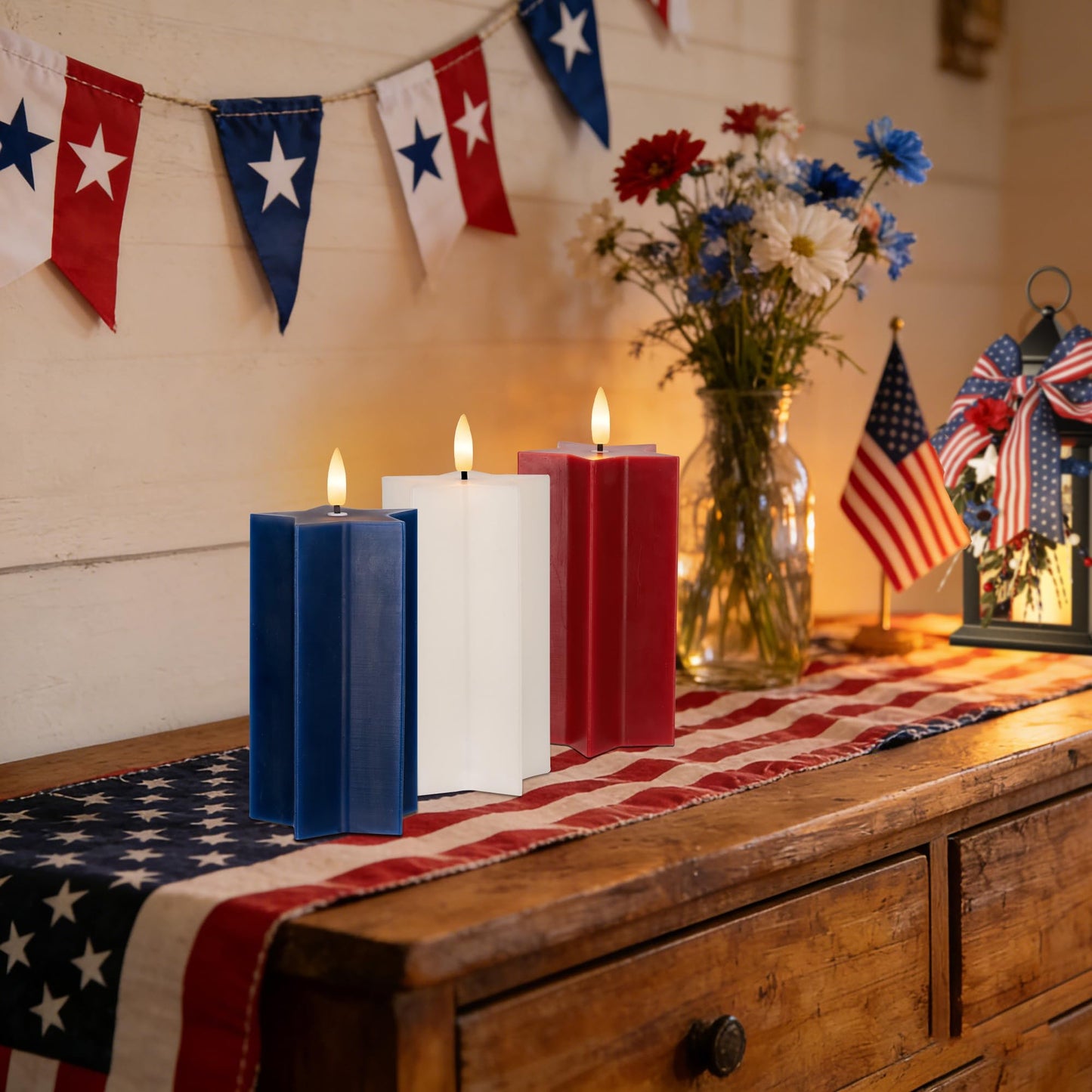 4th of July Flameless Candles with Remote, Red White and Blue Patriotic LED Candles, Battery Operated Star Shaped Decorative Candles for Independence Day Home Party Decor, Set of 3