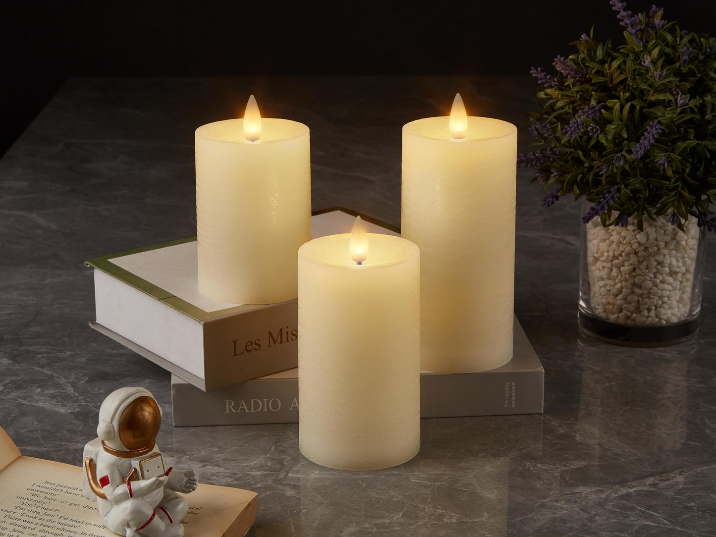 CozierGlow Flameless Pillar Candles Flickering with Remote Timer, Battery Operated LED Candles Up to 400 Hours, 3D Moving Flame Real Wax Candles. (Ivory Water Ripples, Set of 3)