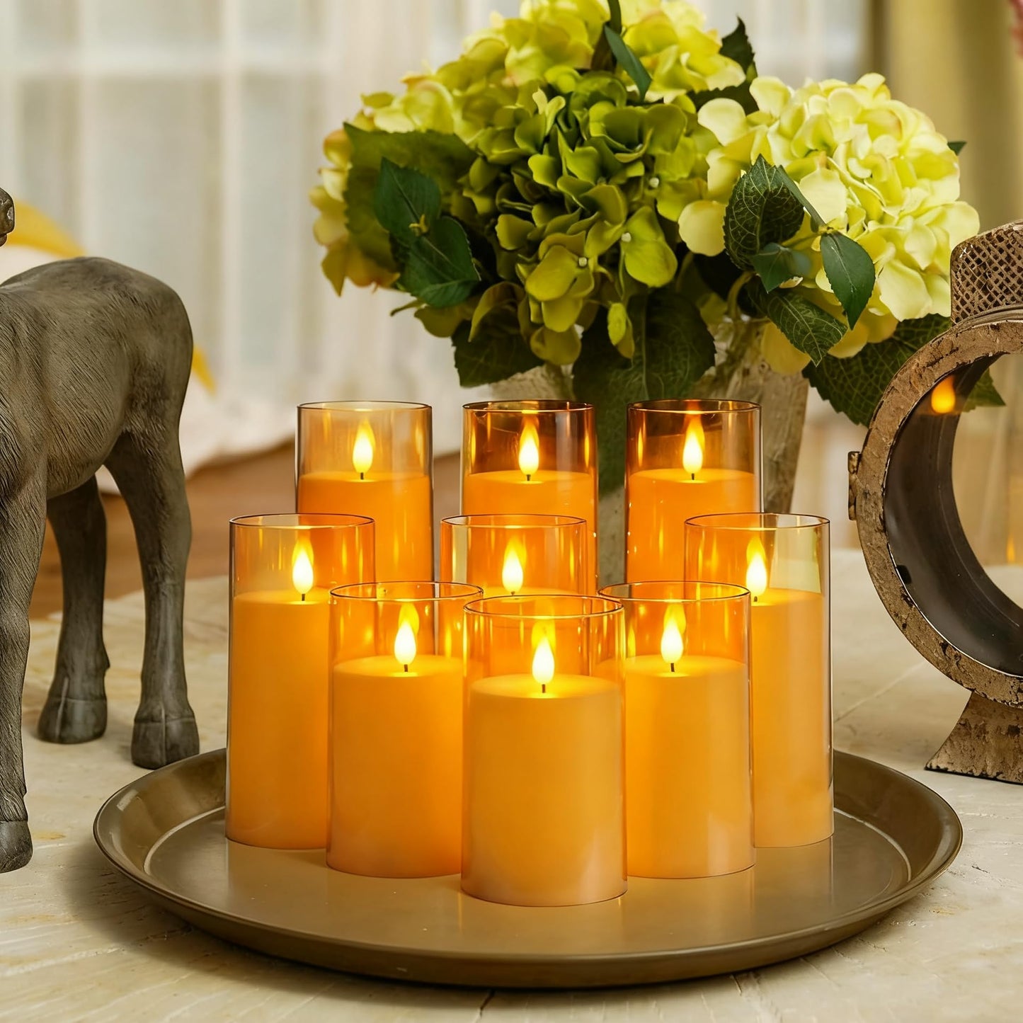 Homemory Amber Flickering Flameless Candles, Battery Operated Acrylic LED Pillar Candles with Remote Control and Timer, Fall Candles, Set of 9