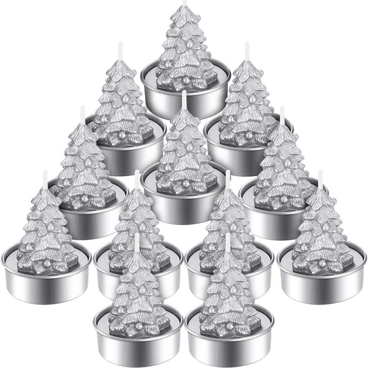 12 Pieces Christmas Tree Tealight Candles Handmade Delicate Tree Candles for Christmas Home Decoration Gifts (Silver)