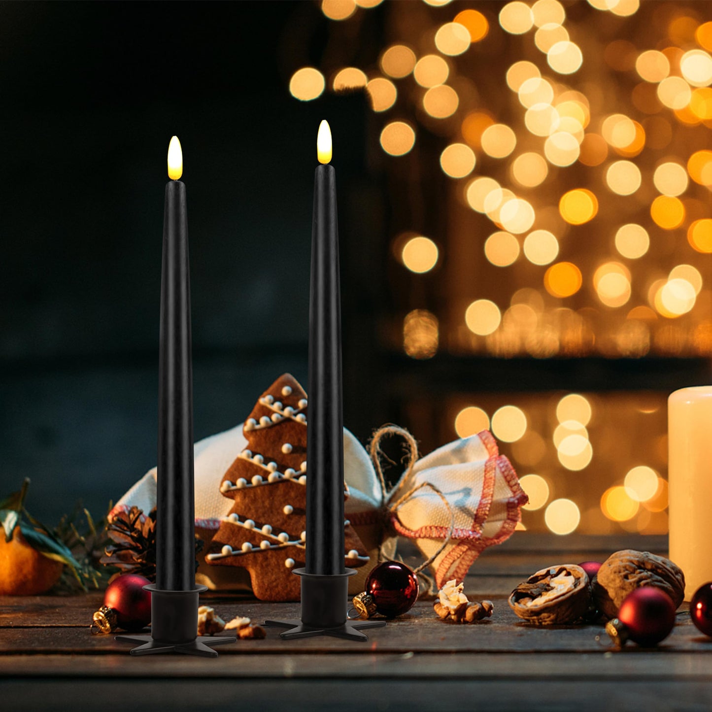 CVHOMEDECO. Flameless Taper Candles with 10-Key Remote, Battery Operated Led Flickering 3D Wick Window Candles Real Wax Finished Home Christmas Party Decor 0.78 x 11 Inch, Pack of 2, Black