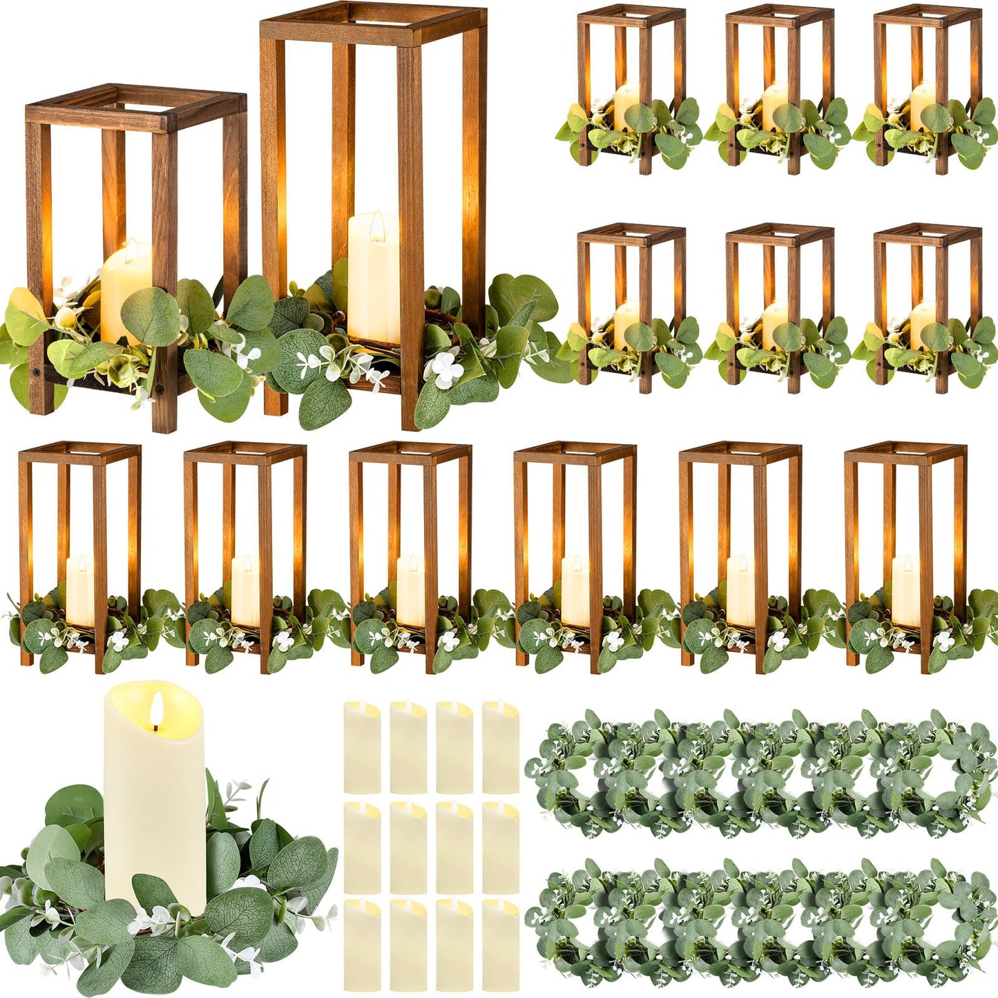 Geelin 12 Set 10.59'', 13'' Brown Wooden Lanterns for Wedding Centerpieces Include 12 Wooden Lantern 12 LED Candle 12 Eucalyptus Leaves Wreath for Wedding Baby Shower Farmhouse Table Decor