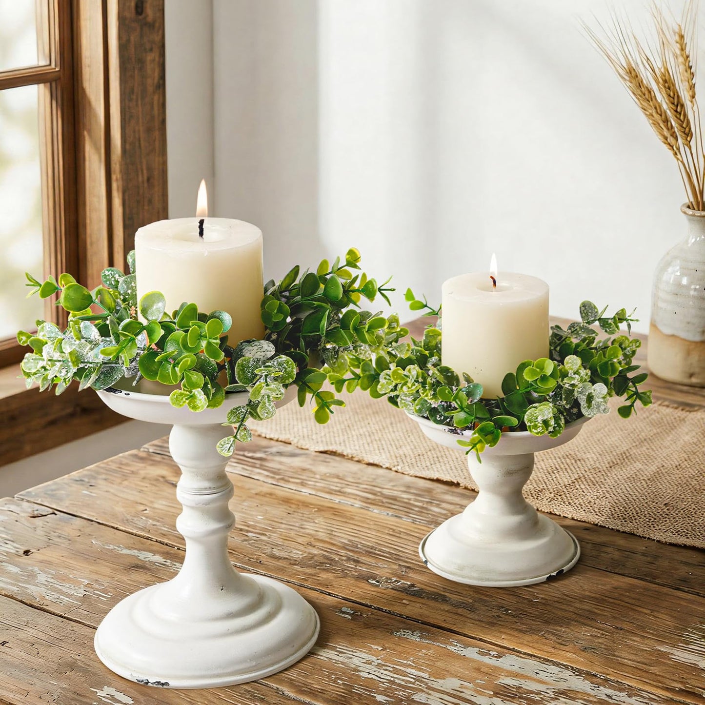Rustic Iron Pillar Candle Holder: White Farmhouse Candle Holder with Greenery Wreaths Set of 2, Elegant Large Candle sticksholder Decor for Wedding, Coffee Table Centerpieces, Living Room, Home Decor