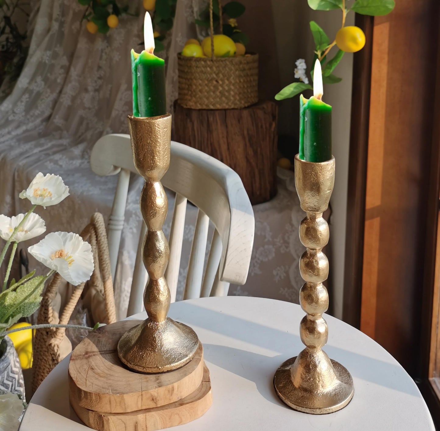 Antique Iron Taper Candle Holders - Set of 2 Decorative Candlesticks, Brass Finish Candle Stand for Weddings, Dining, and Parties