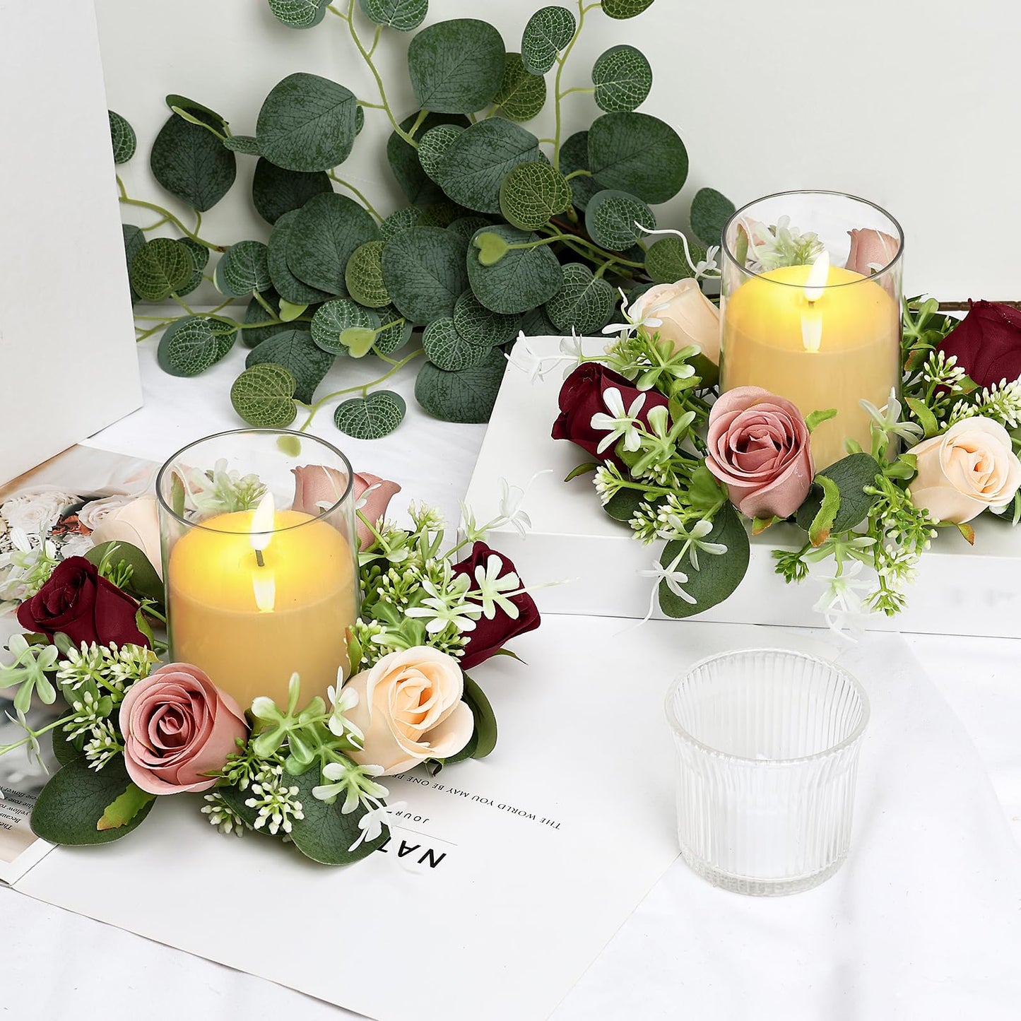 Tobilu 6 Sets Rose Candle Rings Wreaths - Artificial Flowers Rings with Green Leaves LED Flameless Candles for Centerpiece Wedding Home Banquet Party Decor, Burgundy Pink Champagne