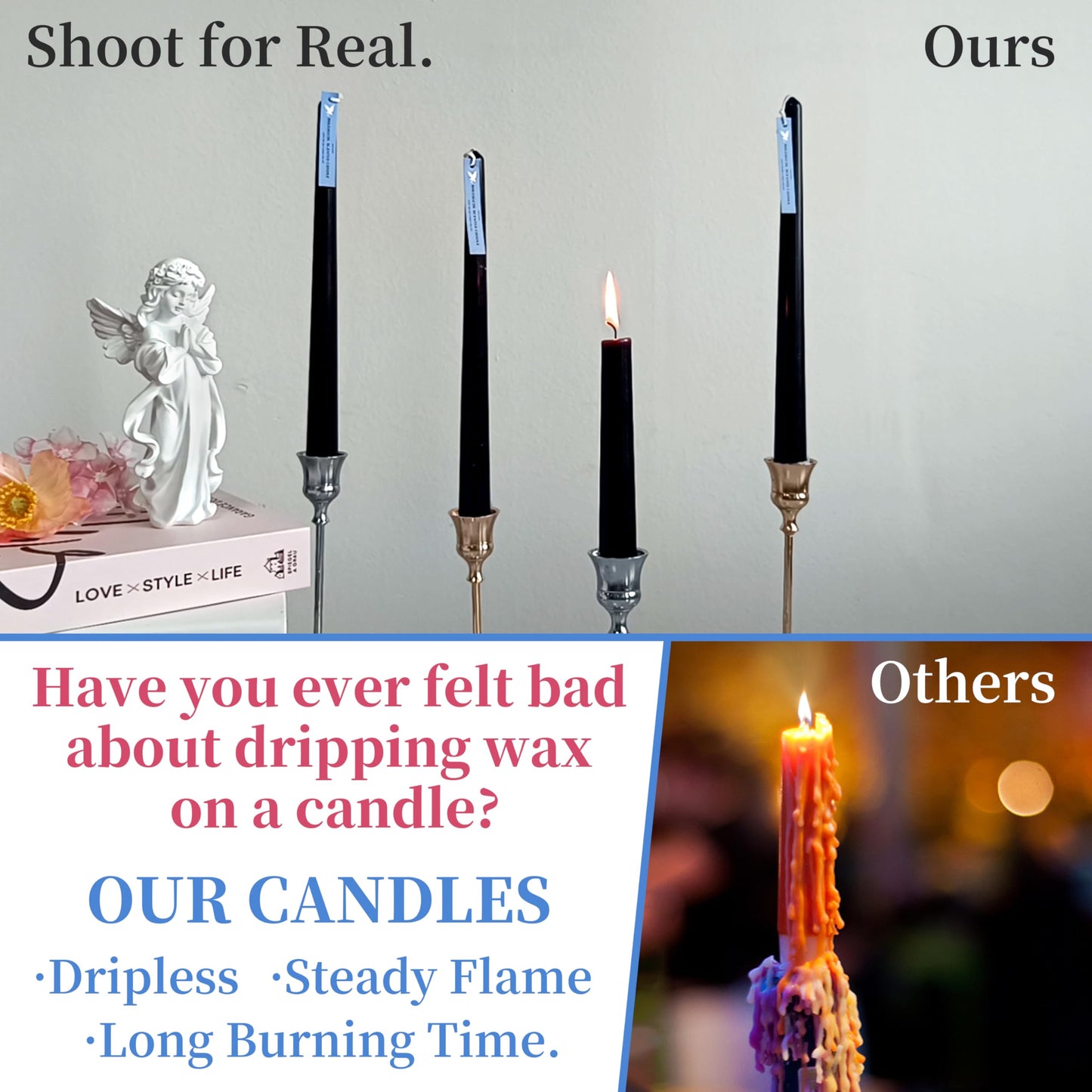Smokeless Sandalwood Scented Black Taper Candles Dripless Long Lasting Burn 10 Inch Tall Candlesticks for Home Décor Holiday Gift Romantic Evenings