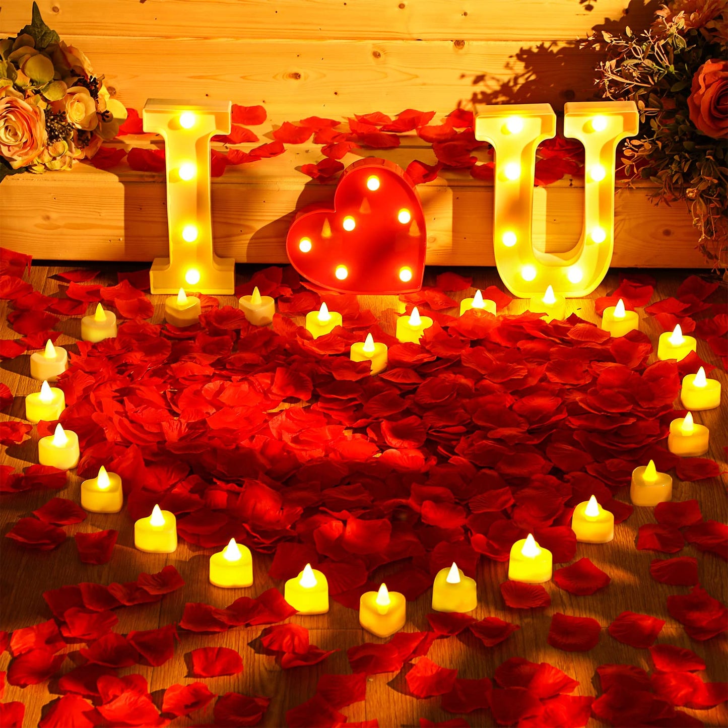 Coume 6000 Pieces Artificial Rose Petal 72 Pieces LED Tealights Candle, Romantic Decorations Special Night Rose Petal Heart Candle for Valentines Wedding Anniversary Proposal Decor(Warm White Light)