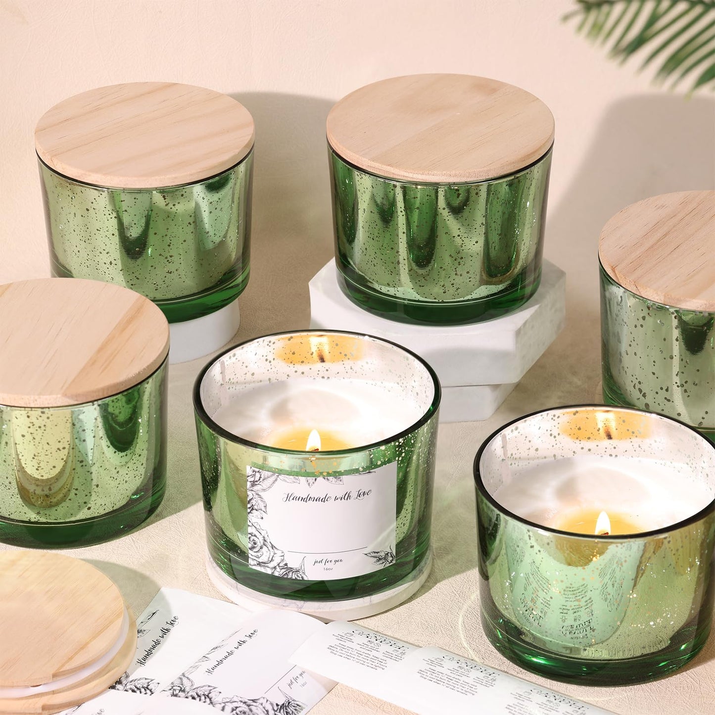 simeitol 16 OZ Green Candle Jars for Making Candles 6 Pcs, Glass Candle Jars with Airtight Bamboo Lids - Empty Candle Jar Bulk with Sticky Warning Labels - for Home Decor, Wedding, Christmas