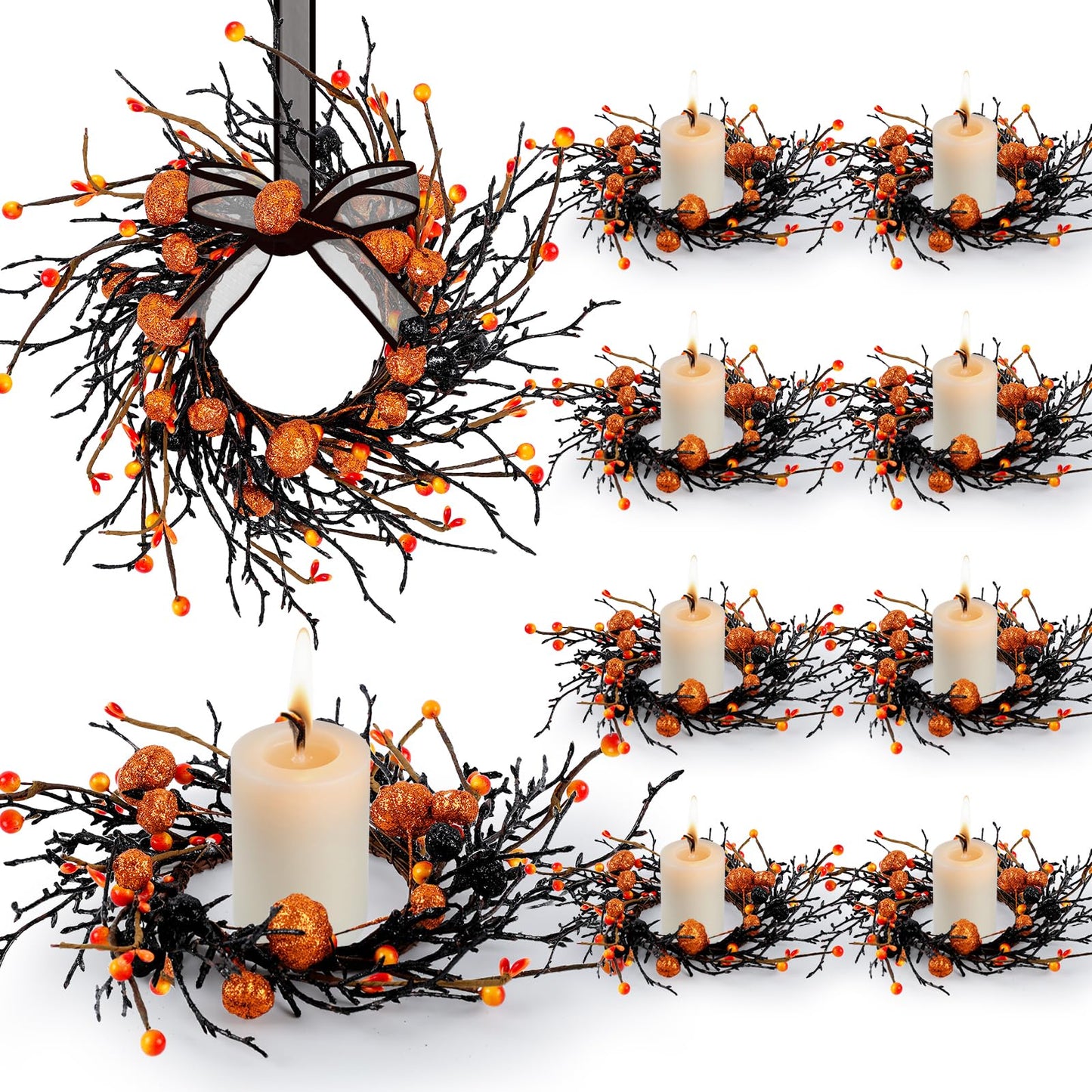 8 PCS Halloween Candle Rings Wreaths Black Orange Berries & Pumpkin Candle Rings Mini Wreath 3.5 Inch Center for Pillar Candle Halloween Fall Thanksgiving Party Home Table Indoor Decorations