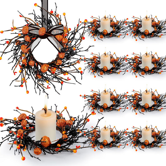 8 PCS Halloween Candle Rings Wreaths Black Orange Berries & Pumpkin Candle Rings Mini Wreath 3.5 Inch Center for Pillar Candle Halloween Fall Thanksgiving Party Home Table Indoor Decorations