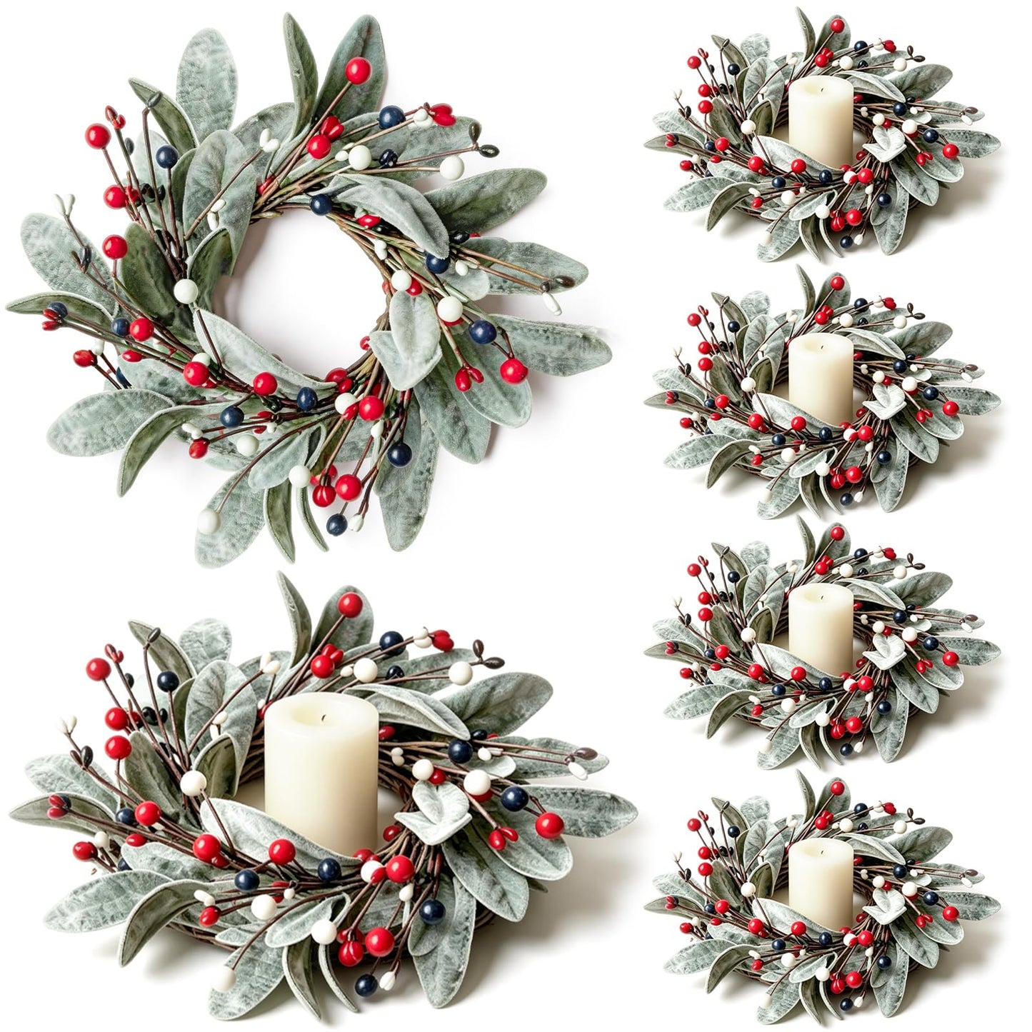 6 PCS Patriotic 4th of July Candle Rings Wreaths Independence Day Candle Rings Holder with Red White Blue Berries & Lamb's Leaves Mini Memorial Day Labor Day Wreath for Home Table Centerpiece Decor