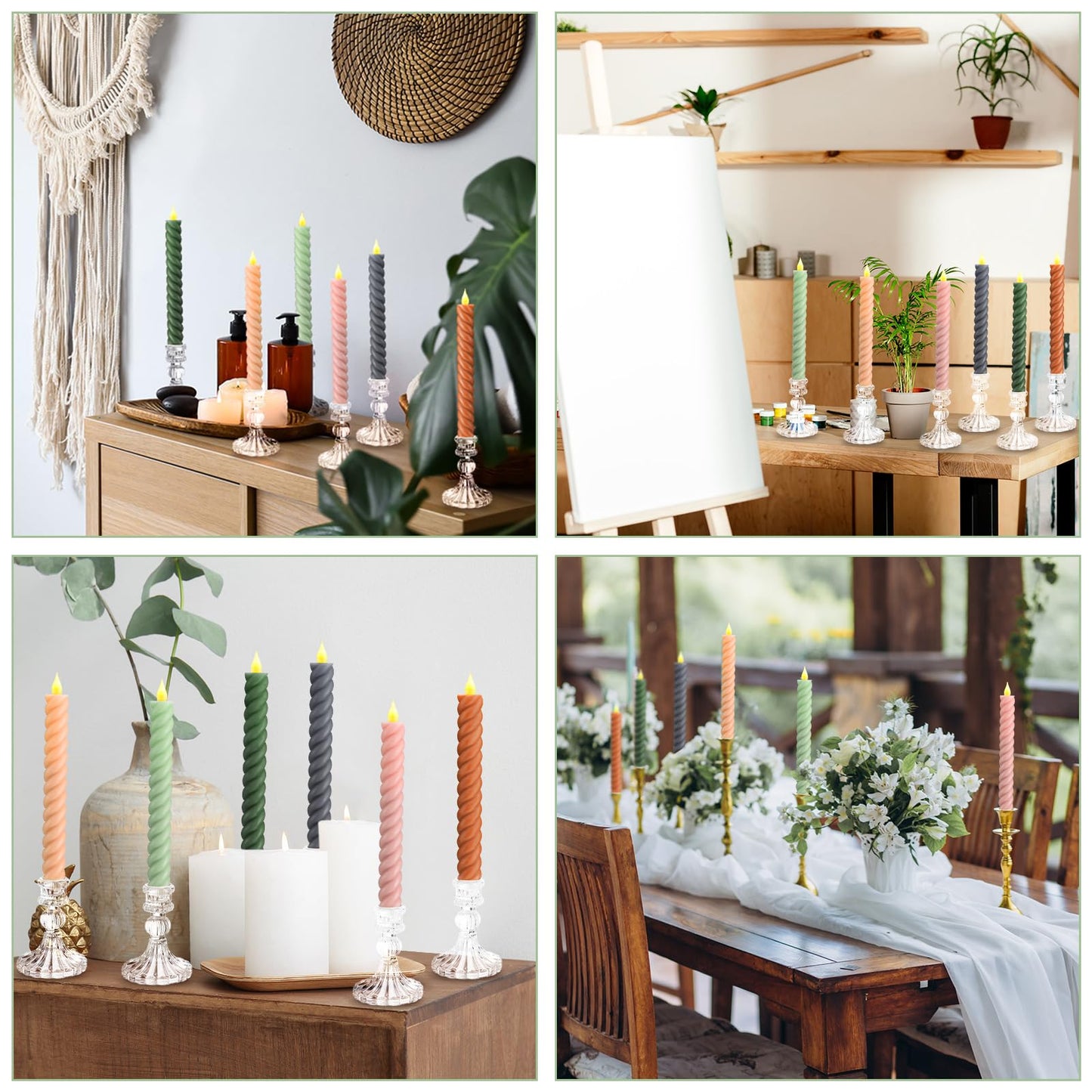Baquler 6 Pcs Pastel Flameless Taper Candle Twisted 9.65 in Spring Colorful Taper Candles Battery Operated Pastel Spiral Candlestick LED for Wedding Birthday Home Party Holiday Dinner Fireplace