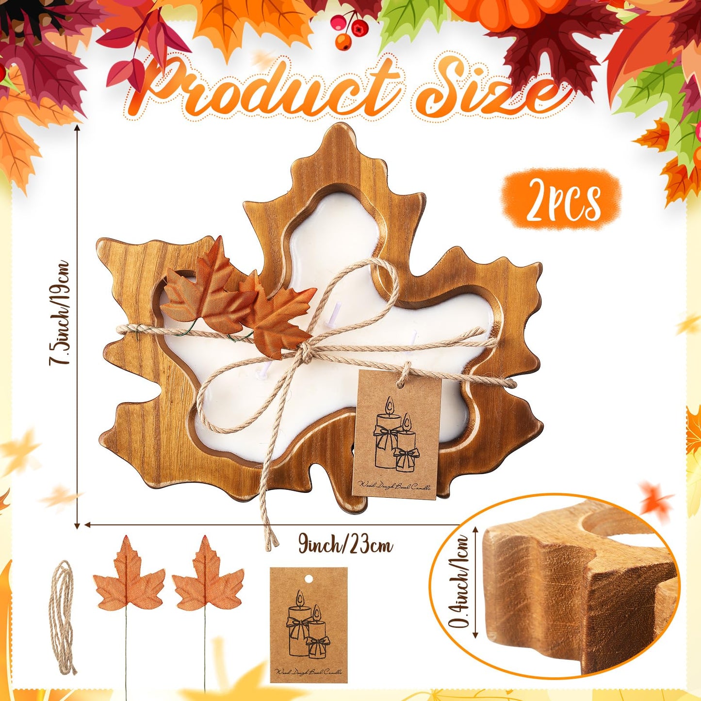MTLEE 2 Pack Fall Wood Dough Bowl Candle, 8" Rustic Wooden Scented Candles, Farmhouse Autumn Decor for Thanksgiving Table, Home, Cozy Fall Gifts for Friend, Family(Wreath Scent,Maple Leaf)