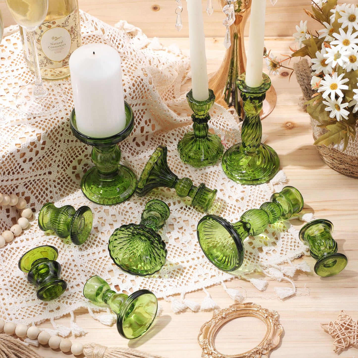 Mumufy 20 Pcs Glass Crystal Taper Candle Holders Clear Glass Candlestick Holder Fit 0.8 Inch Candles Crystal Decorative Candle Stand Centerpiece Table Wedding Dining Party(Green)