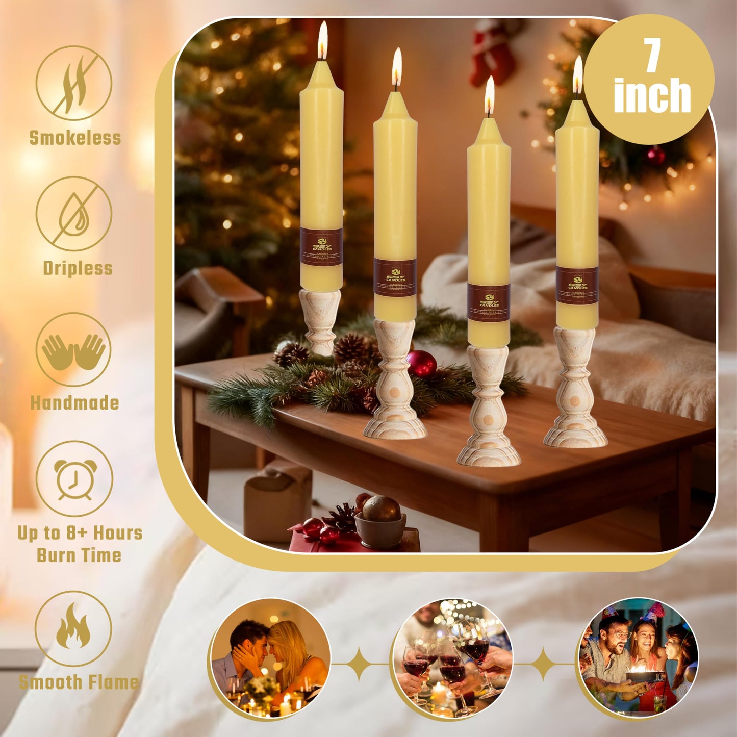 Beeswax Taper Candles 7 inch Beeswax Taper Candlesticks 4 PCS Short Candlesticks Smokeless Tapered Candle for Home Dinner Party Decoration - 8 Hour Burn Time