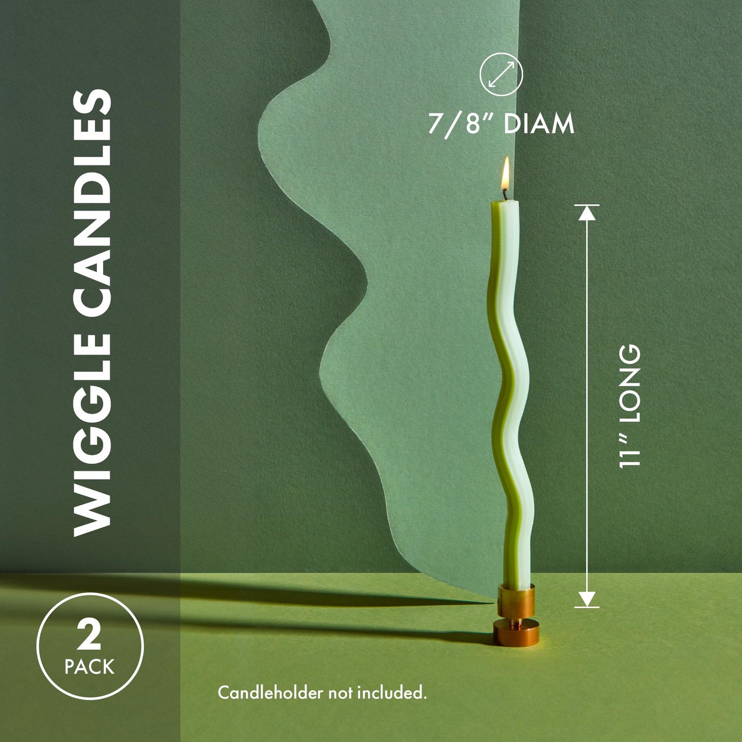 Wiggle Candles (2 Pack) - Joyful Dancing Design Taper Candlesticks | Bright Colors | 7/8” diam x 11” Length | Designed by Lex Pott | Made in USA (Green)