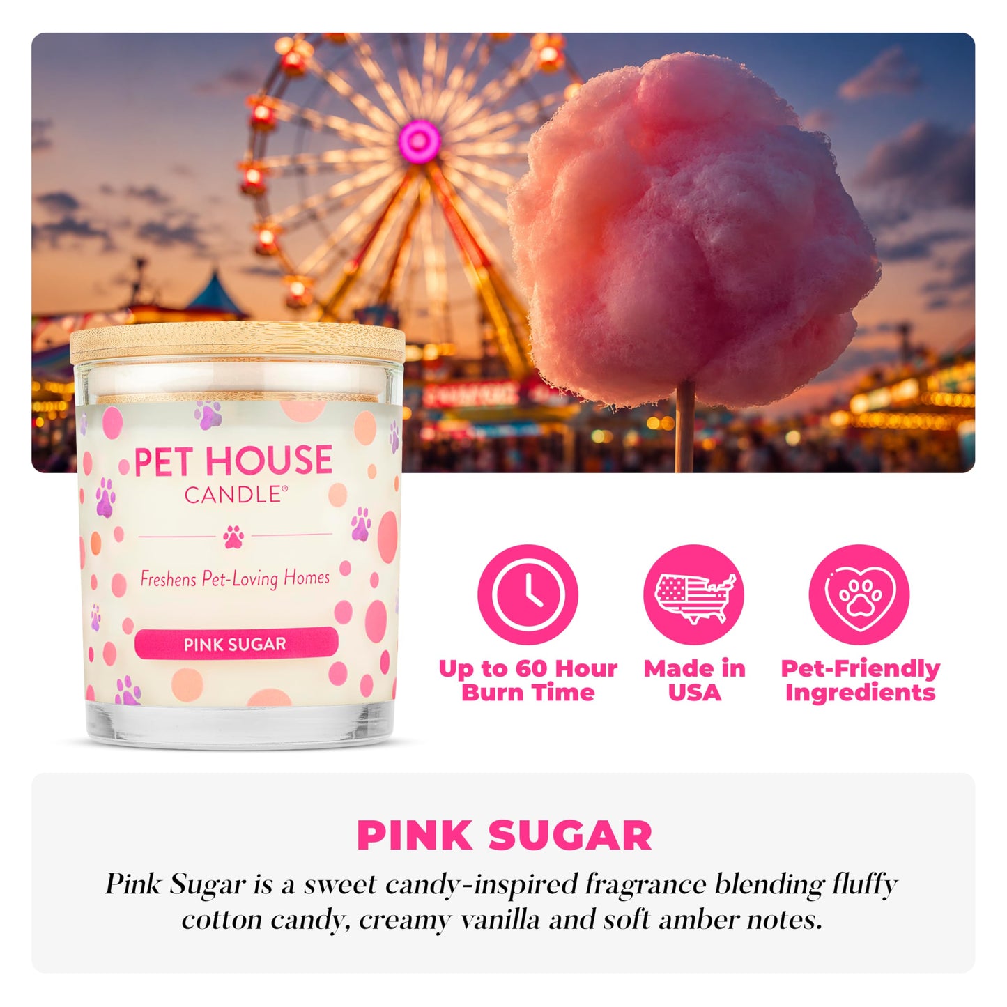 Pet House Candles, Scented Candles for Pet Homes, Natural Plant-Based, 60 Hour Burn Time - Pink Sugar, 9 oz