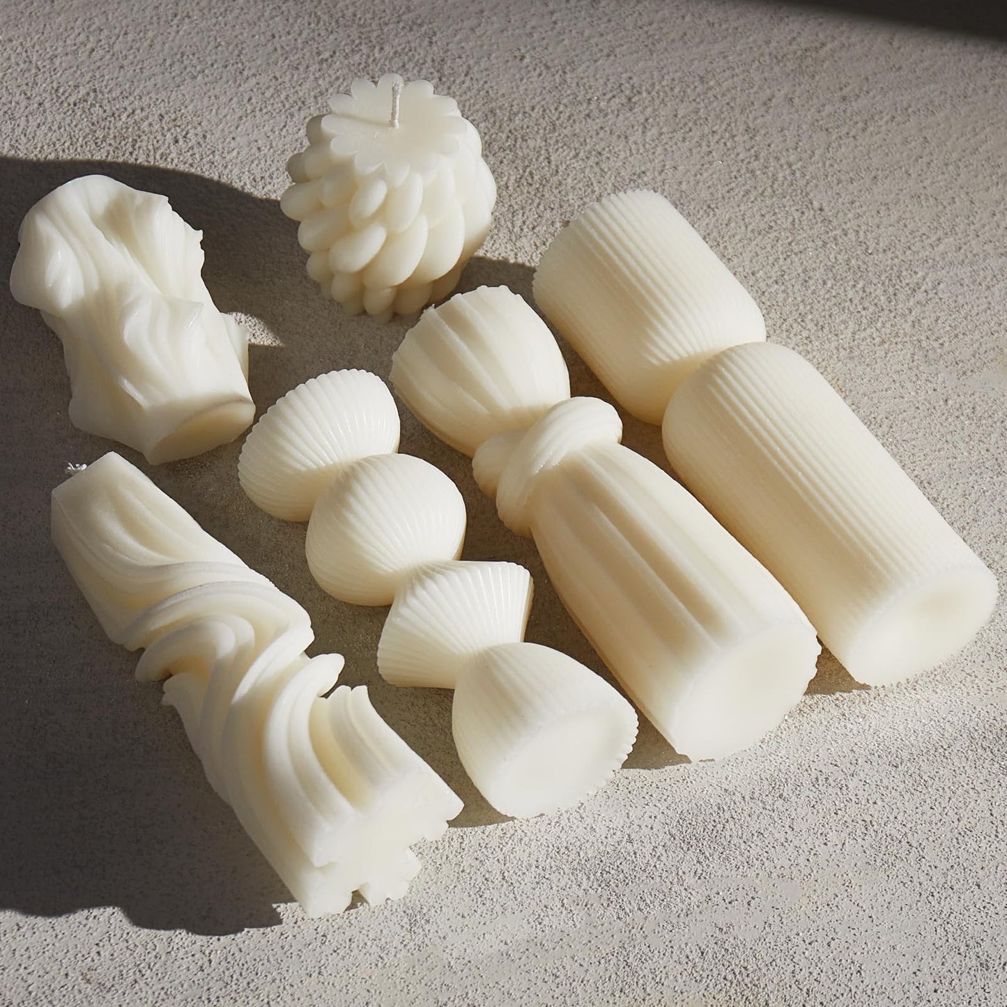 6 Pcs Small Handmade Ribbed Pillar Candle Set, Soy Wax Modern Home Decor for Living Room Bedroom, Aesthetic Table & Shelf Decor, Perfect Housewarming Gift (White, Small)