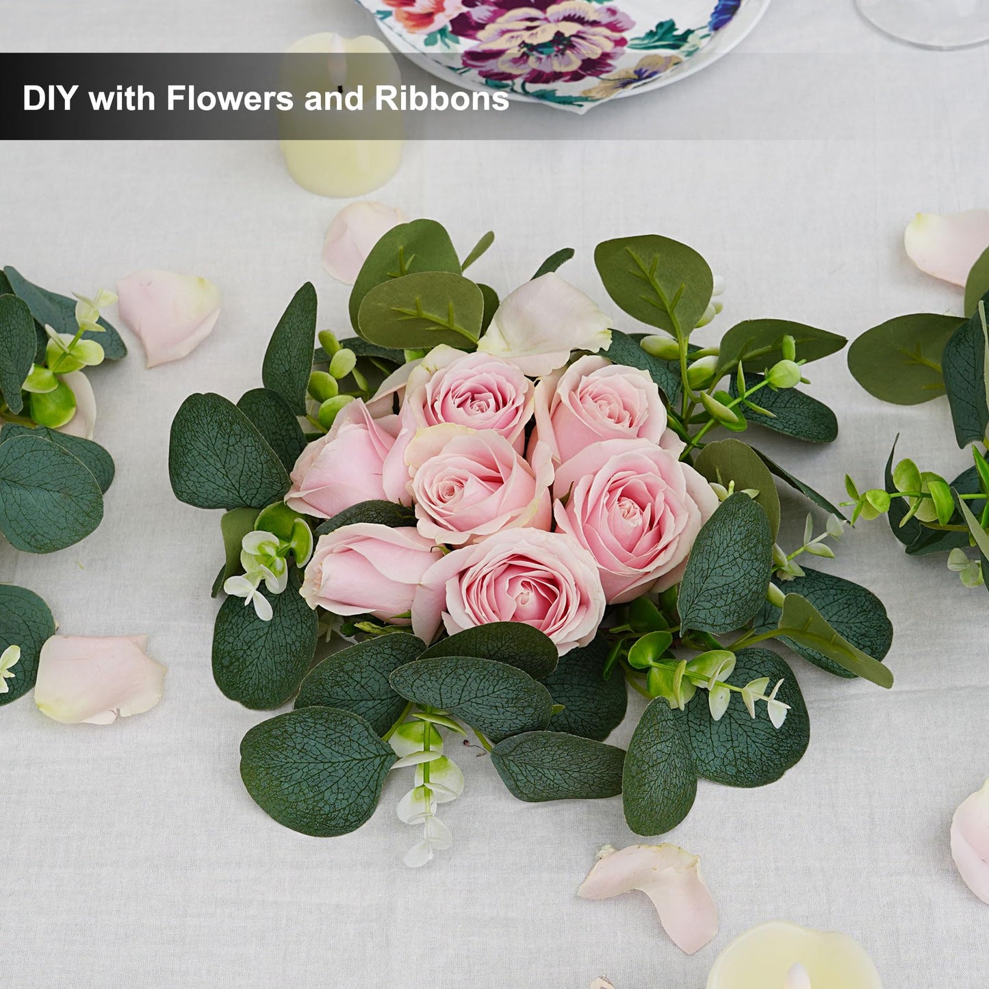 Rhytsing 4pcs Artificial Eucalyptus Leaves Candle Rings, Wreaths of Pillar Candles for Wedding and Home Decoration, Green Candlestick Holders for Spring and Summer - Inner Diameter: 3.5"