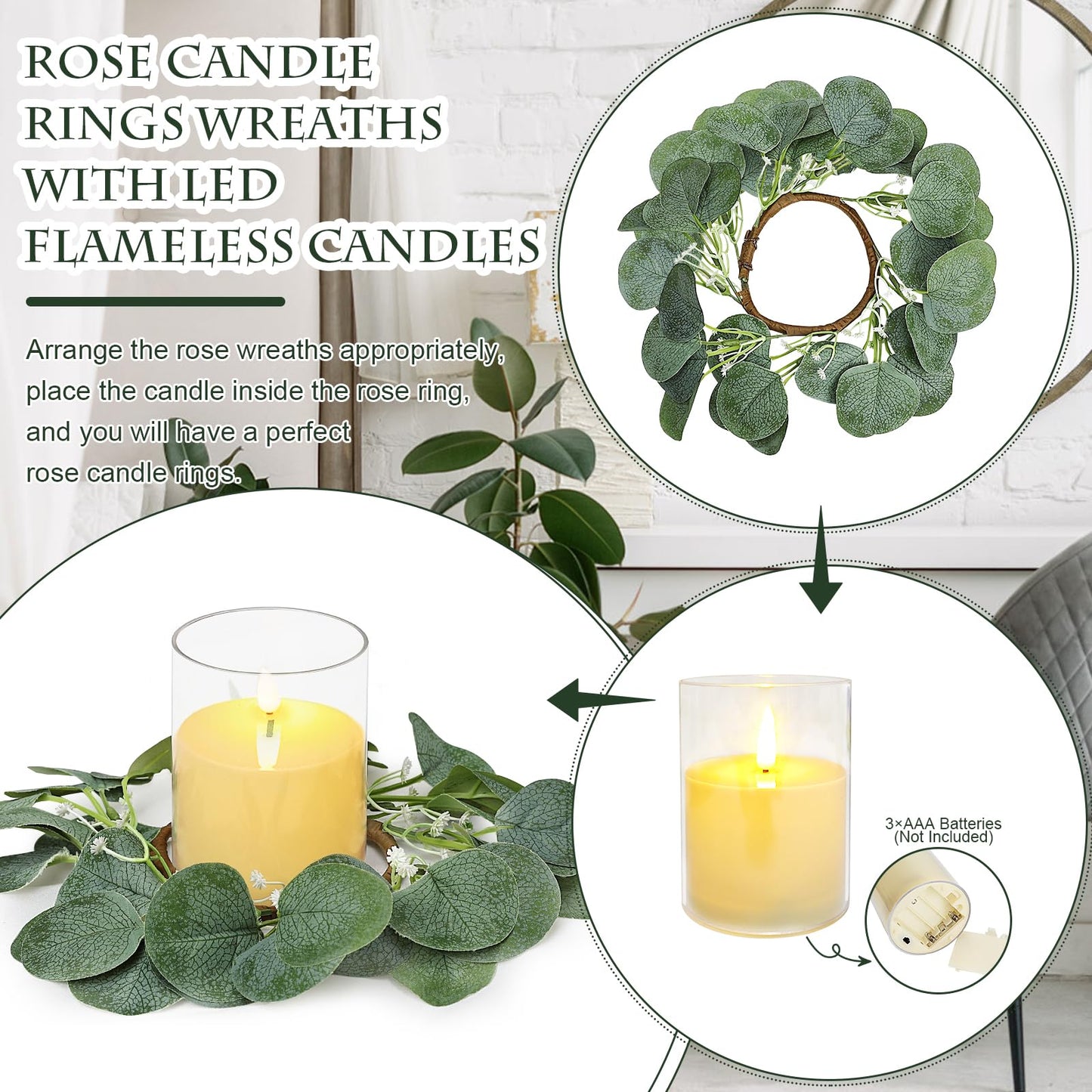 Tobilu 4 Pcs Candle Rings Wreaths with LED Candles - Eucalyptus Candle Rings Greenery Artificial Eucalyptus Leaves Pillar Holder for Wedding Centerpieces Home Table Party Decor