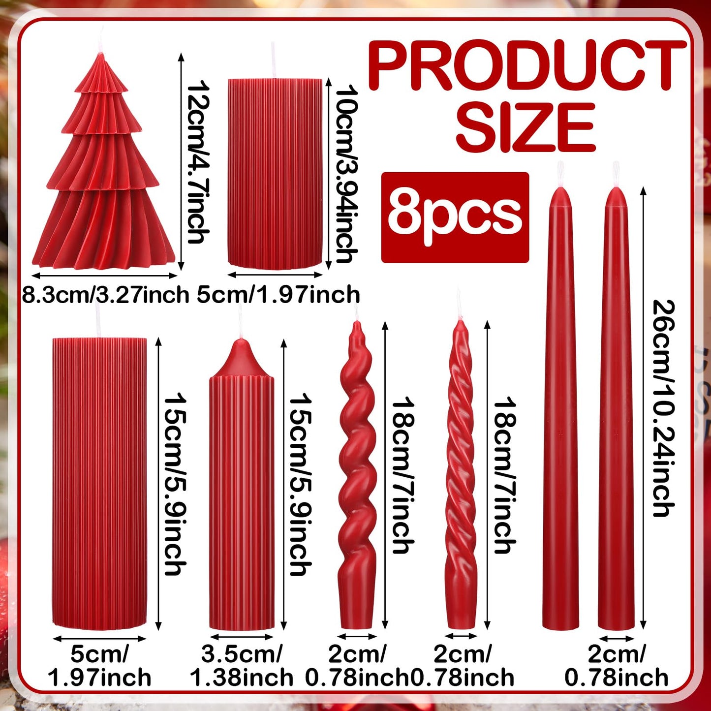 Nuanchu 8 Pieces Christmas Candle Stick Sets Spiral Taper Twisted Candlesticks Scented Smokeless Soy Wax for Wedding Holiday Dinner Home Decorations(Red)