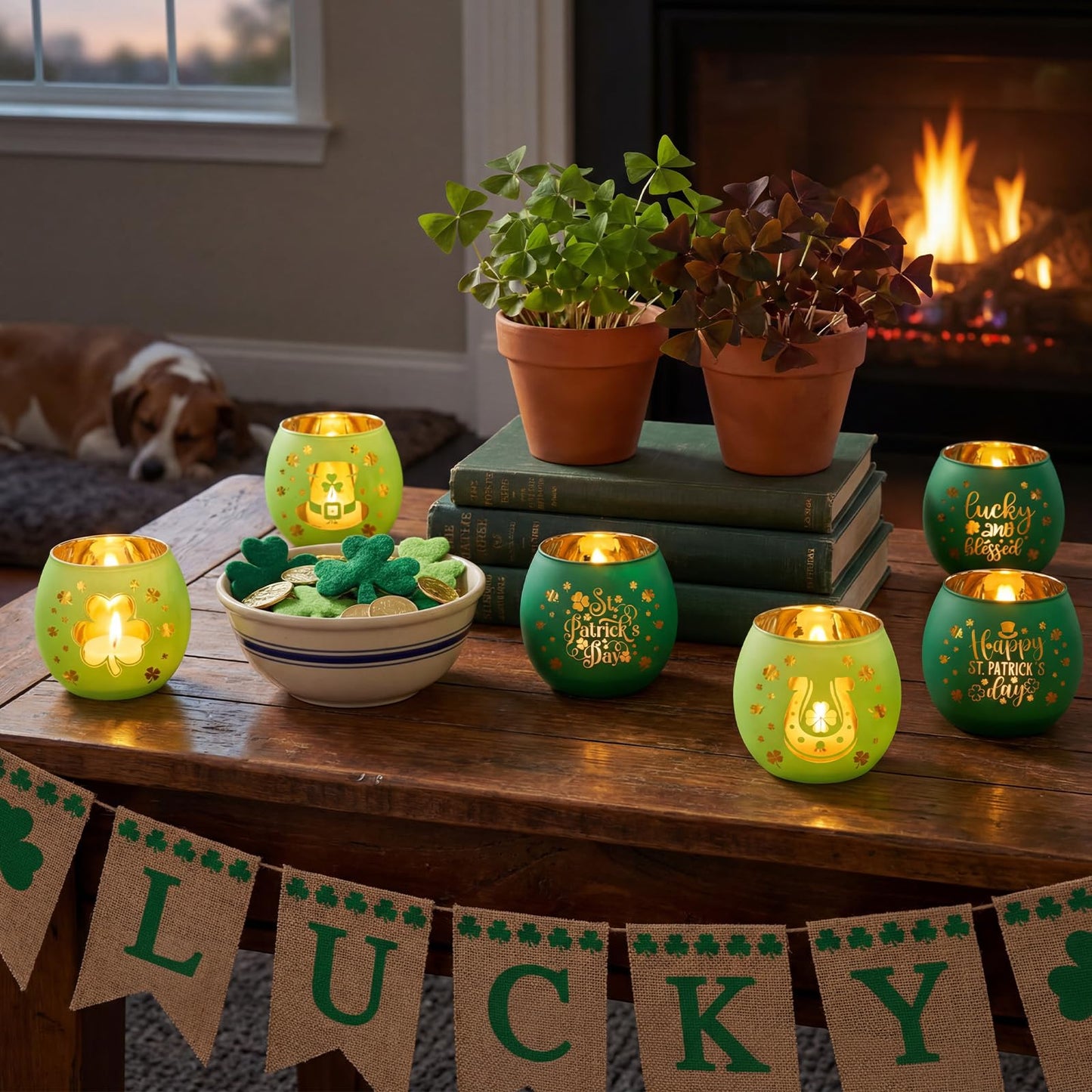 Yungyan 6 Set Green Votive Candle Holders Clovers Glass Holders Bulk with Laser Engraving Patterns Gifts for Weddings Shower Party, Table Centerpiece, Yoga & Bathroom Meditation Decoration