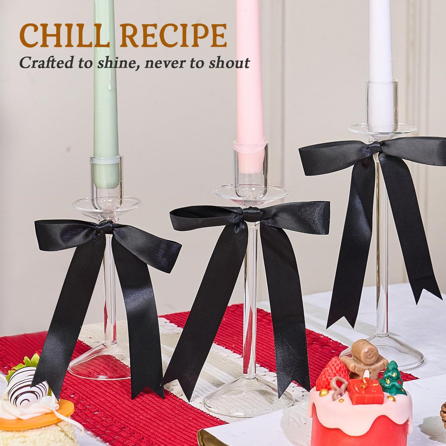 CHILL RECIPE Bow Candle Holder Glass Taper Candlestick Holders with Built-in Candle Drip Protectors Bows Decor for Table Centerpiece Wedding Party Halloween(Black)