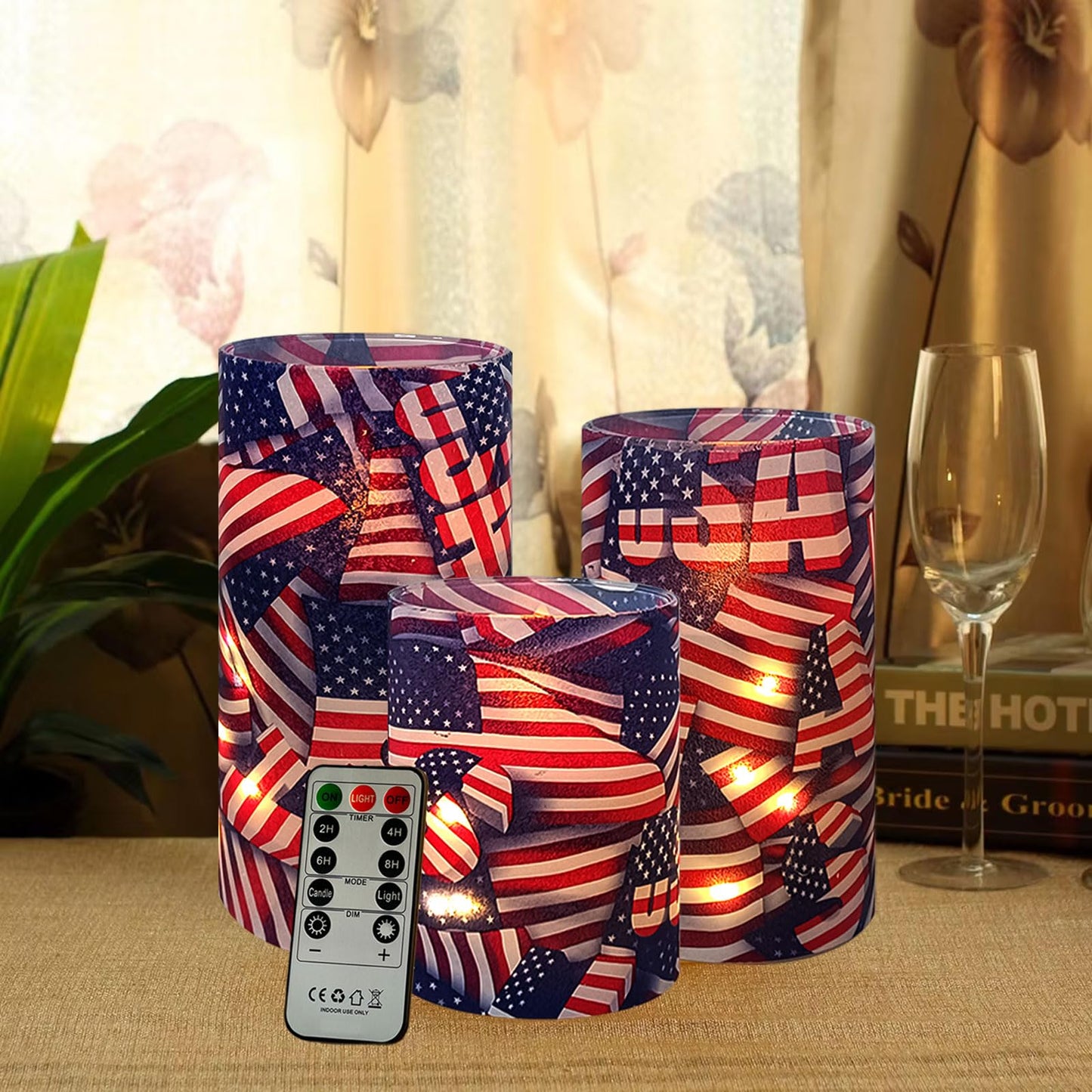 NJAO HOO Patriotic American Flag Flameless LED Battery Operated Pillar Candles with Remote Control and Timer, 4th of July Candles for Home Decor Set of 3