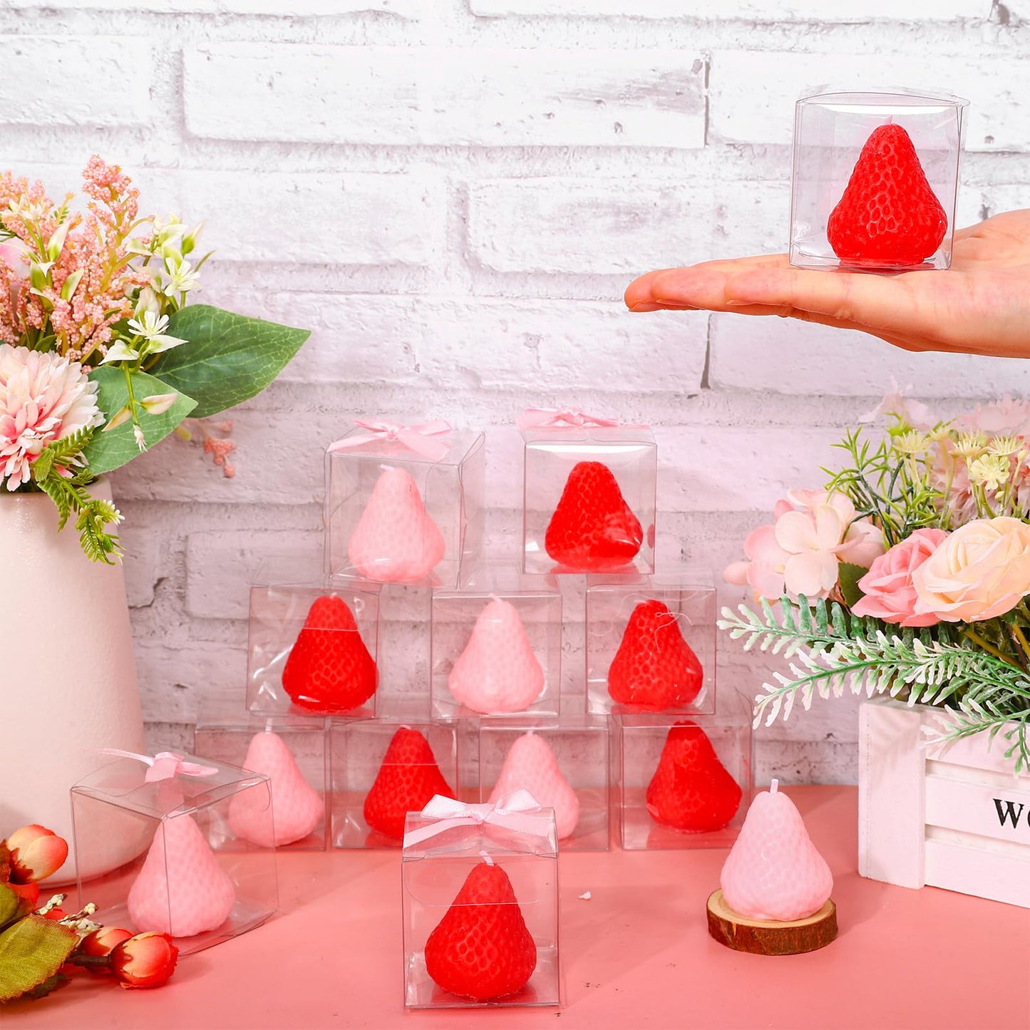 FYSUIMU 30 Packs Strawberry Candles Baby Shower Favors Strawberry Shaped Scented Candles Red Pink Sweet Fruit Wax Candle with Boxes for Birthday Holiday Summer Gender Reveal Party Bath Yoga Spa Decor