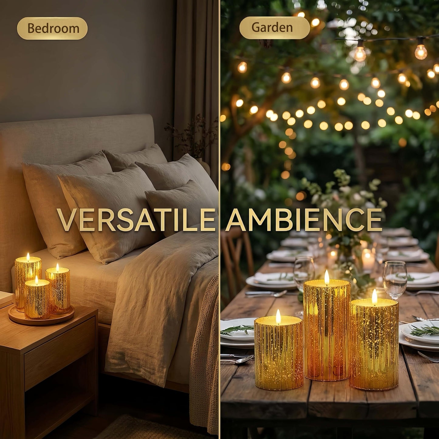 volnyus Gold Glass Flameless Candles Set - 3 Pack(Φ 3" H 4" 5" 6") with Remote,Battery Operated Flickering LED Pillar Candles,Starscape LED Night Lights for Christmas,Home Decor