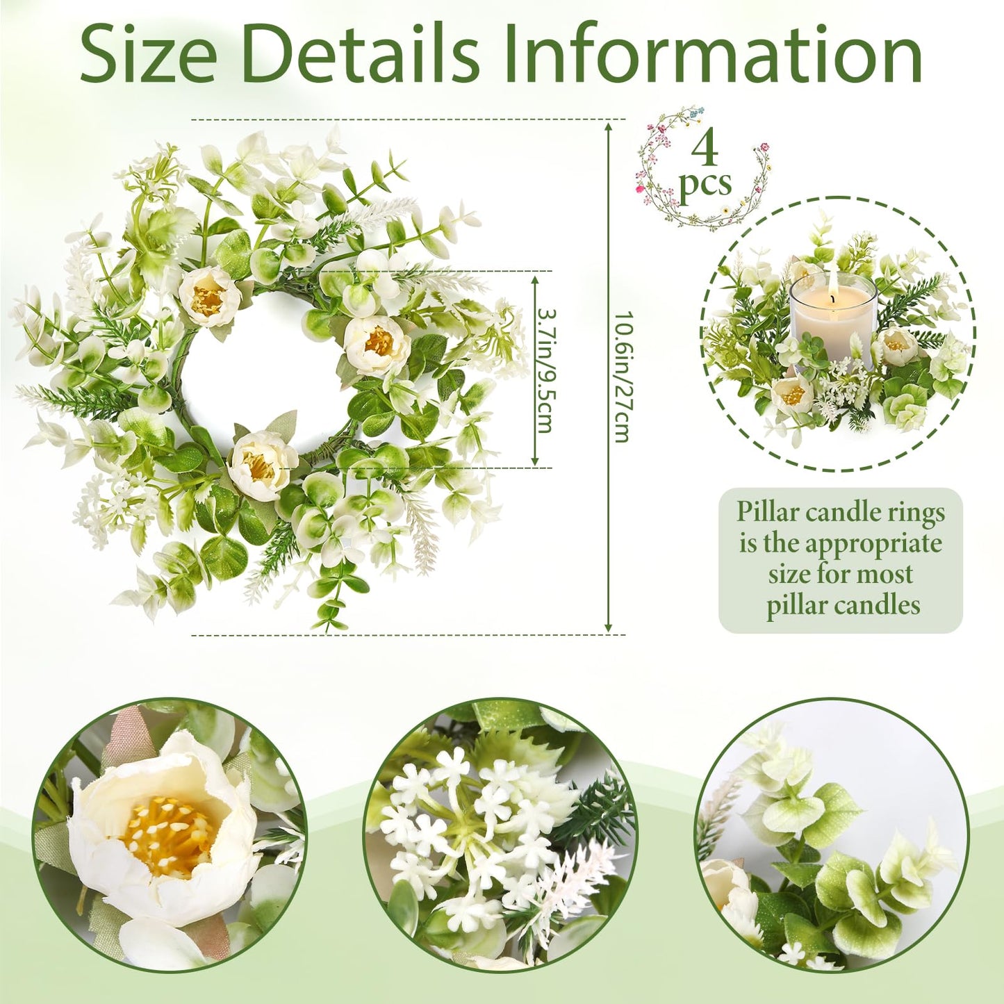 KHOYIME Floral Candle Rings Wreath 4PCS Small Spring Summer White Artificial Flowers Greenery Wreaths for Pillars, Mini Candle Holder Kitchen Cabinets Table Centerpieces Wedding Party Farmhouse Decor