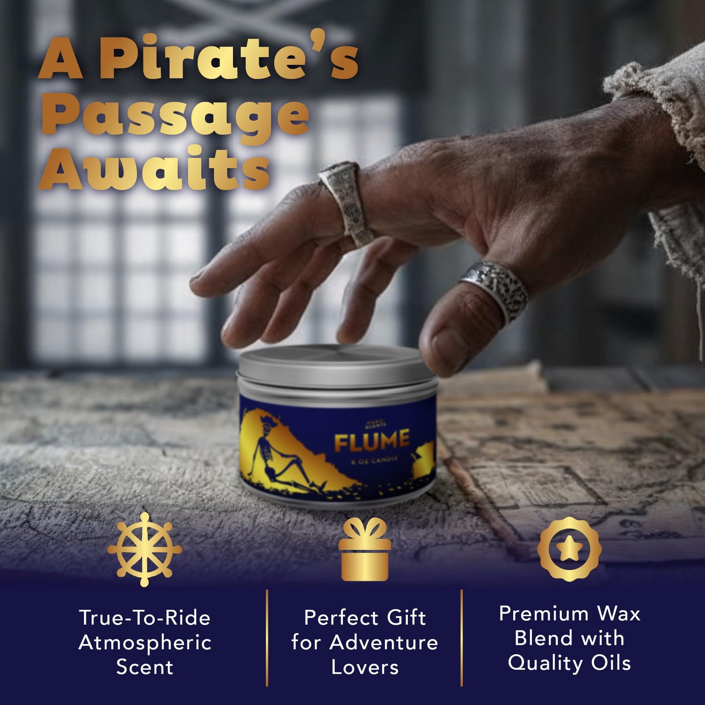 Park Scents Flume Candle - Inspired by the atmosphere of the PIRATES OF THE CARIBBEAN ride - Handmade in the USA, vegan, and cruelty-free | 8 oz. Tin