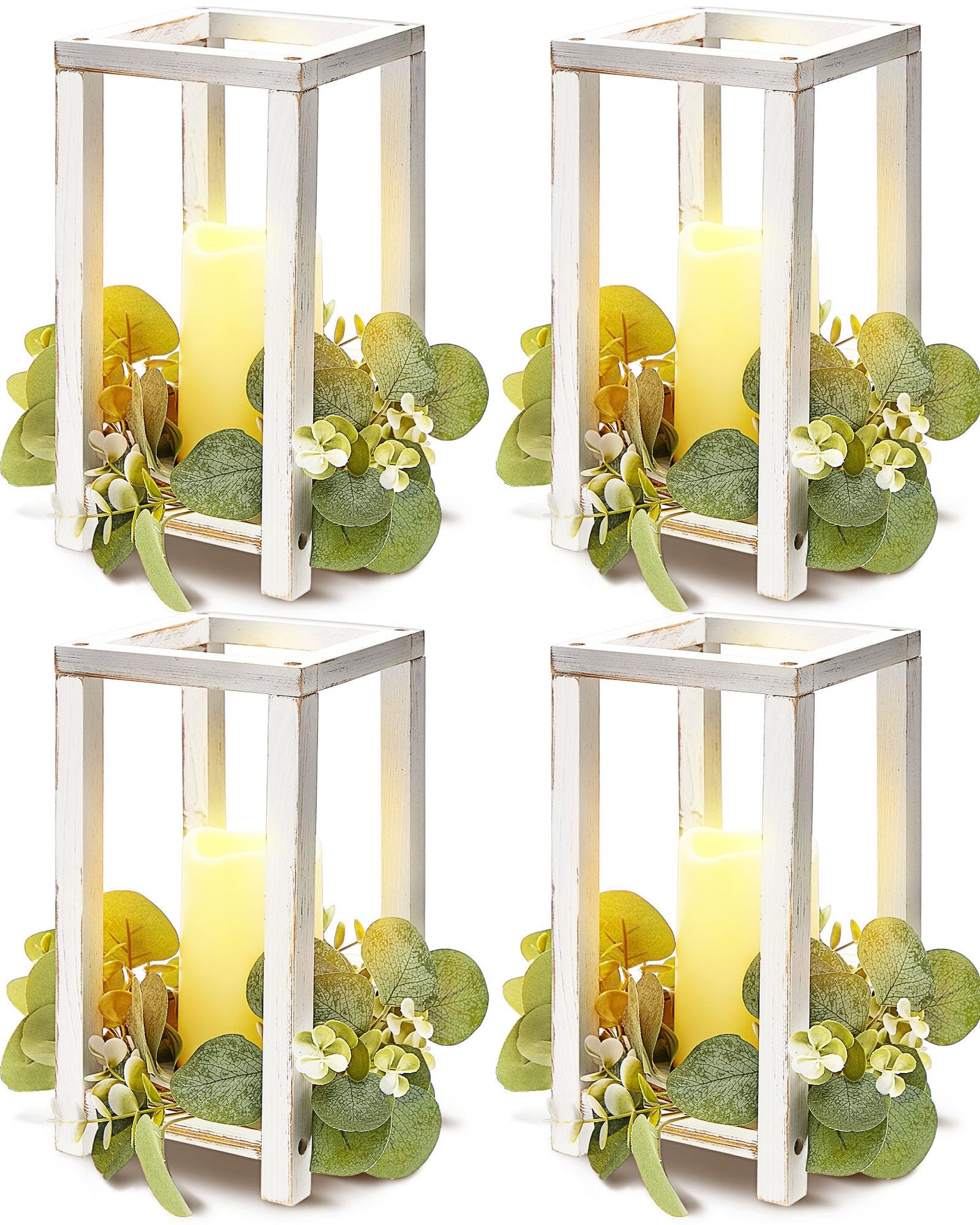 Huquary 8 Pcs Wooden Wedding Lantern Centerpiece for Table Decoration Includes 4 Farmhouse Candle Holder and 4 Flameless Decorative LED Candles for Rustic Home Wedding Decor(White)