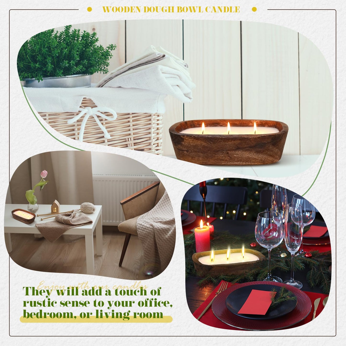 Threlaco 1 Pack 10 Inch Wood Dough Bowl Candles Home Rustic Dough Bowl Soy Candle 3 Wick Scented Candles Gifts for Men Women Farmhouse Table Centerpiece Home Decor for Christmas(Lemon Basil & Citrus)