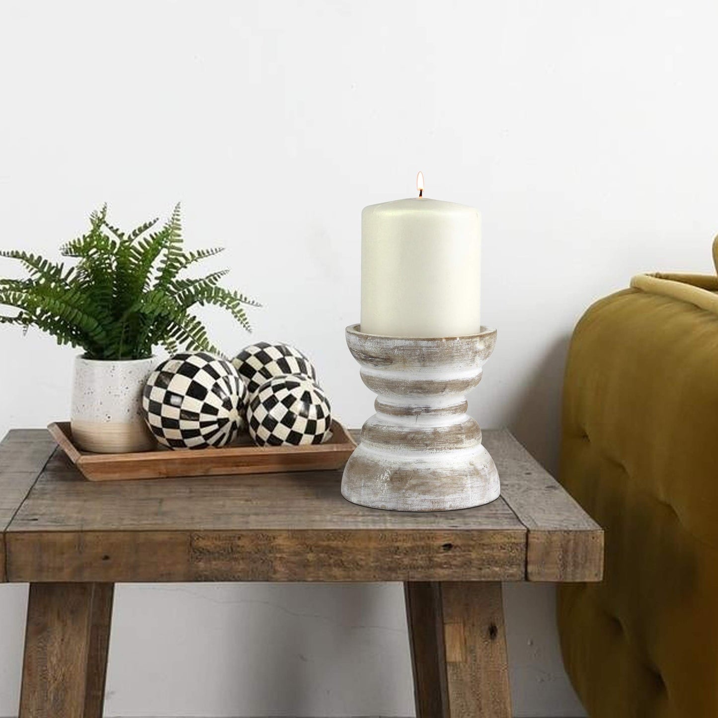 Stonebriar Antique White Wooden Pillar Candle Holder, Vintage Seaside Pillar Stand for Dining Table Centerpiece, Coffee Table, Mantel, Or Any Table Top, Small