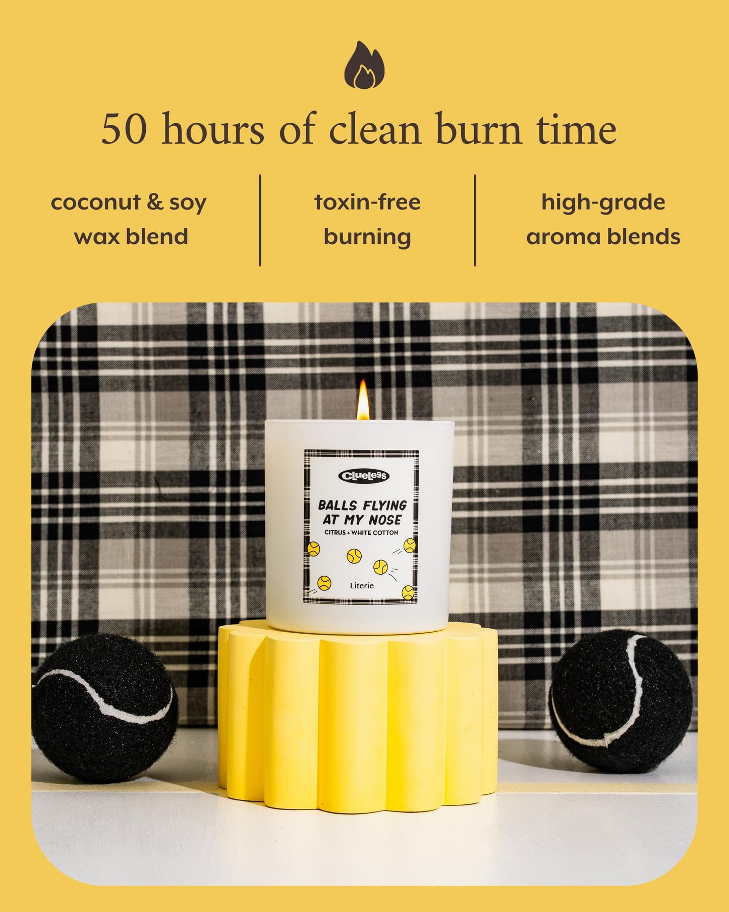 Literie Clueless Inspired Scented Candle: Balls Flying at My Nose - Citrus and White Cotton Scent, 9oz, 50 Hour Burn, Vegan Soy & Coconut Blend Candle for Home Decor, Gift for Women & Men