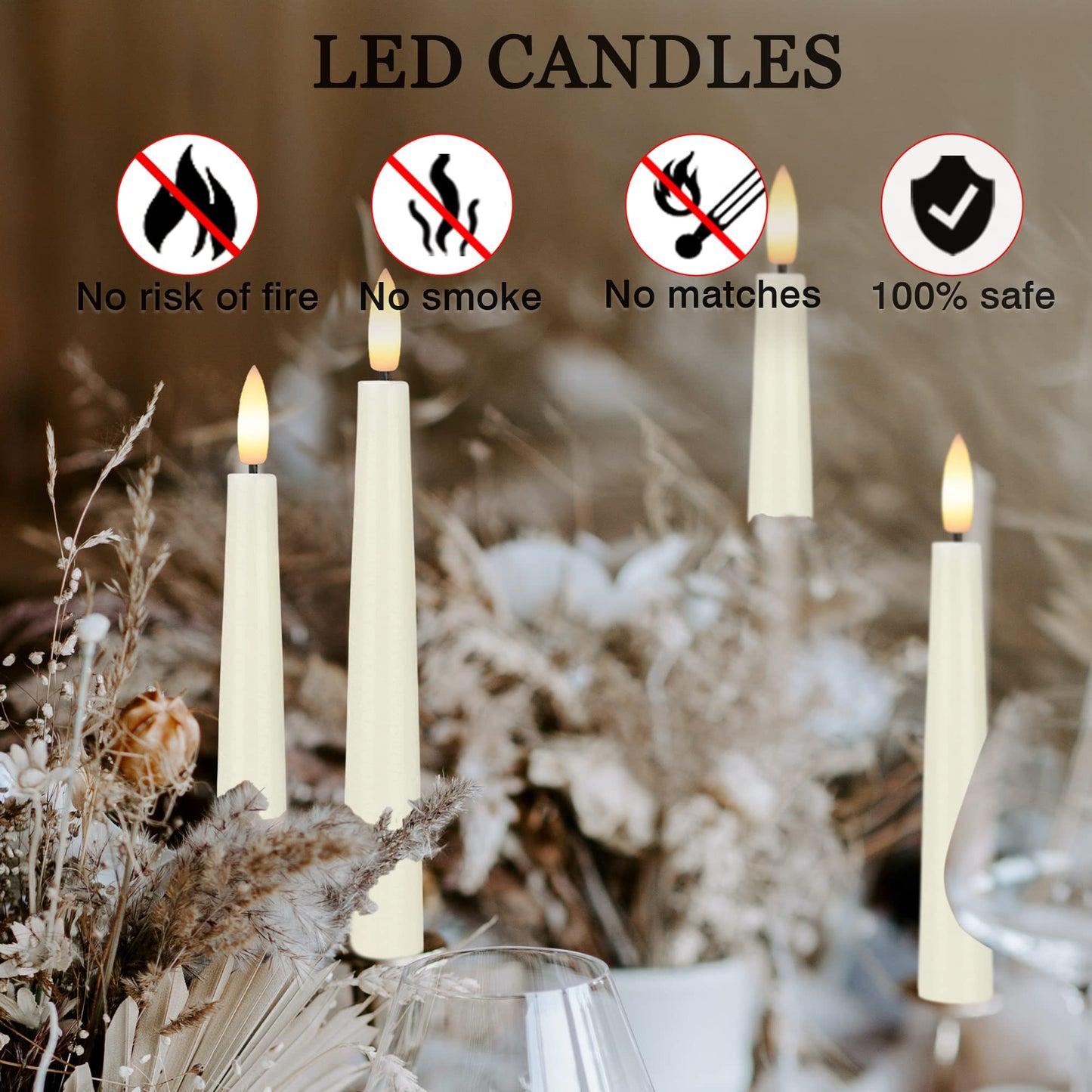 Flameless Taper Candles with 3D Wick, 9.6" Real Wax LED Candles with 2 Remote and Timer, 6 Pack Flickering Candlesticks Battery Operated, Classic Tall Taper Candle for Home, Wedding, Party, Ivory