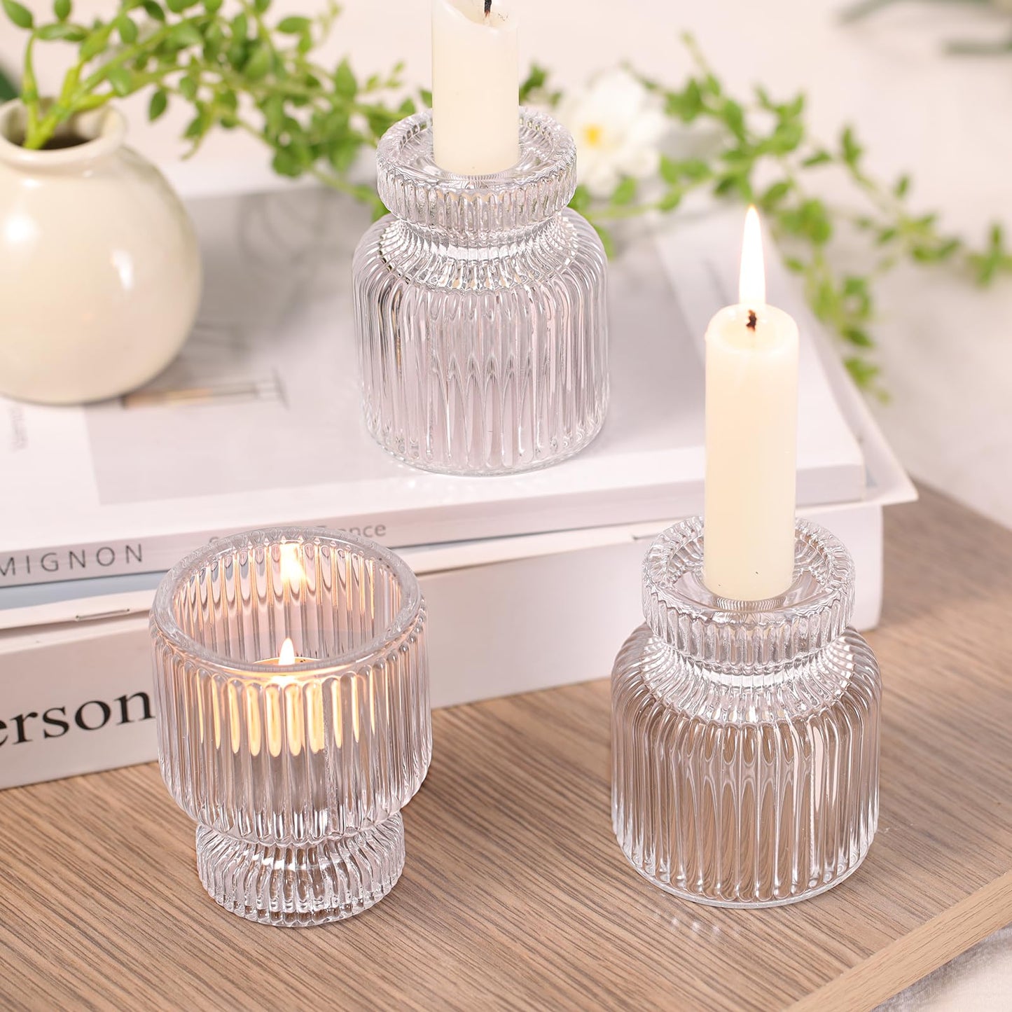 DARJEN 12 Pcs Glass Candlestick Holders- Clear Taper Candle Holders Tealight Votive Candle Holders for Table Centerpieces, Wedding, Dinner Party, Home Decor
